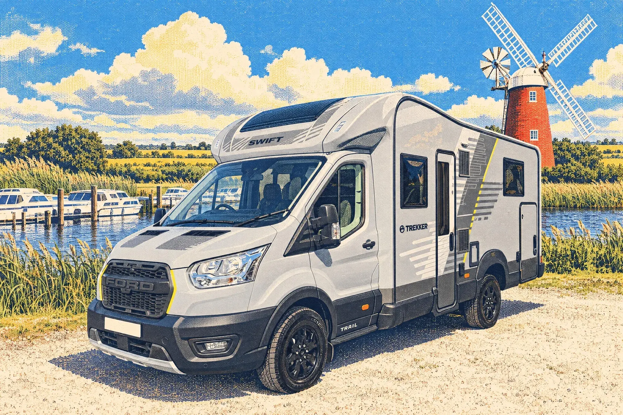 A Swift Trekker 594 coachbuilt motorhome in the car park by Horsey Windpump, Norfolk, with reed beds, moored hire cruisers and big summer clouds behind.