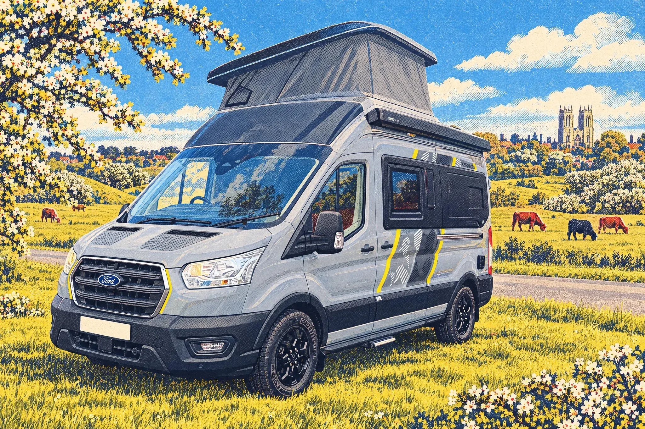 A Swift Trekker X pop-top campervan, roof raised, on a lane across Beverley Westwood with hawthorn blossom, grazing cattle and Beverley Minster's twin towers beyond.