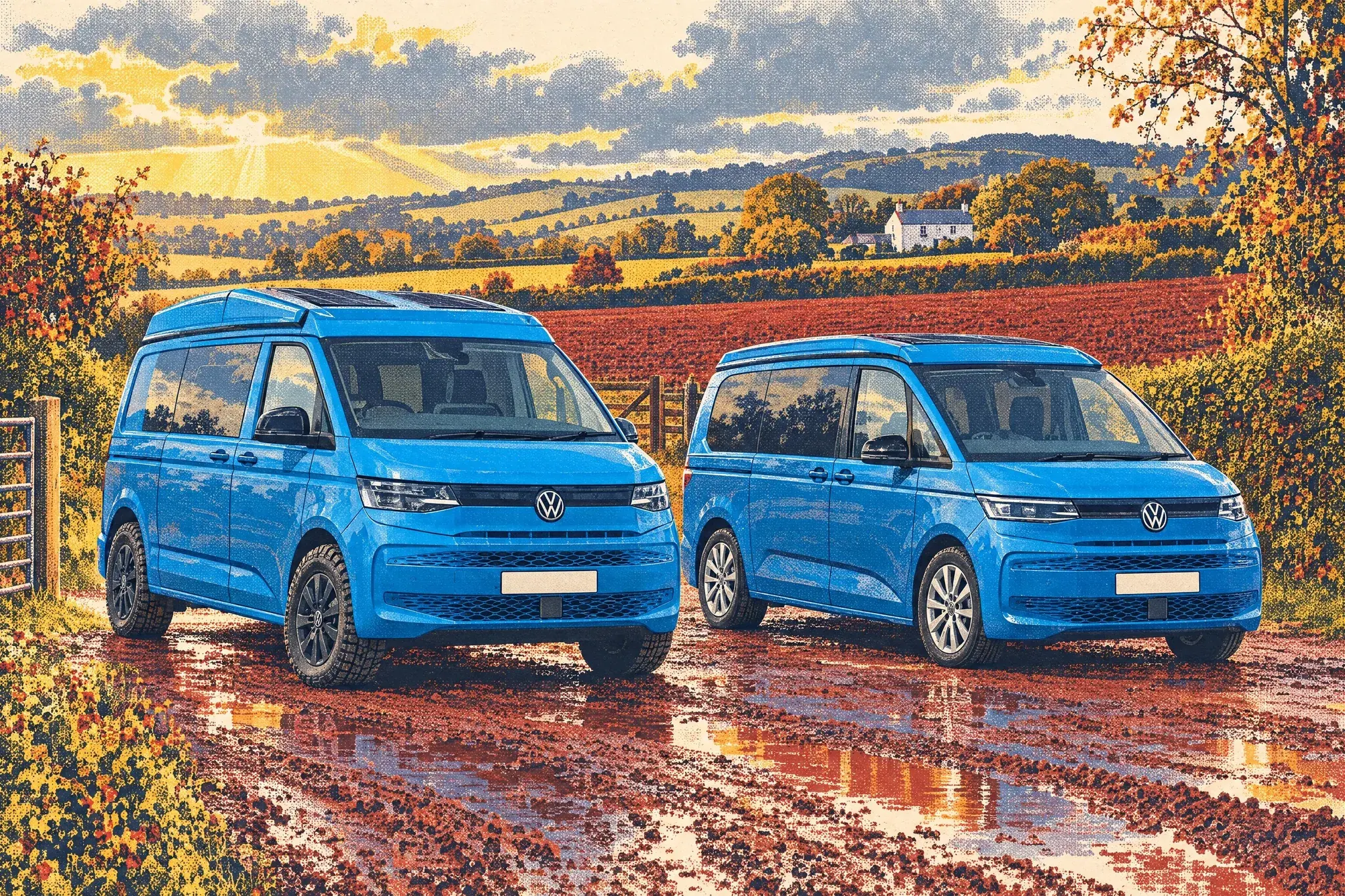 Taylored Offtrail and VW California pop-top campervans side by side on a wet red-earth Devon farm track between bronze hedgebanks in low autumn sun.