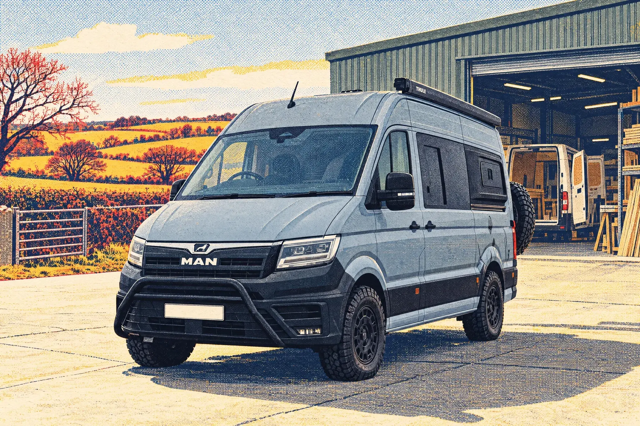 Illustration of a Taylored Offtrax MAN TGE camper with bull bar and all-terrain tyres outside a rural workshop on a bright February day, a half-built van inside.