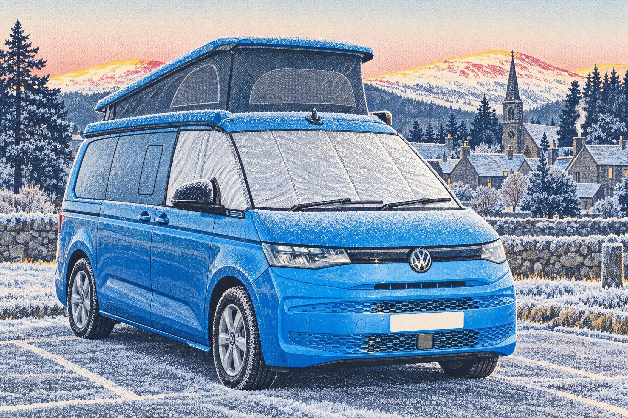 A frost-furred VW California with its pop-top up and a silver external thermal screen over the cab, in Braemar's village car park at a pink, freezing dawn.