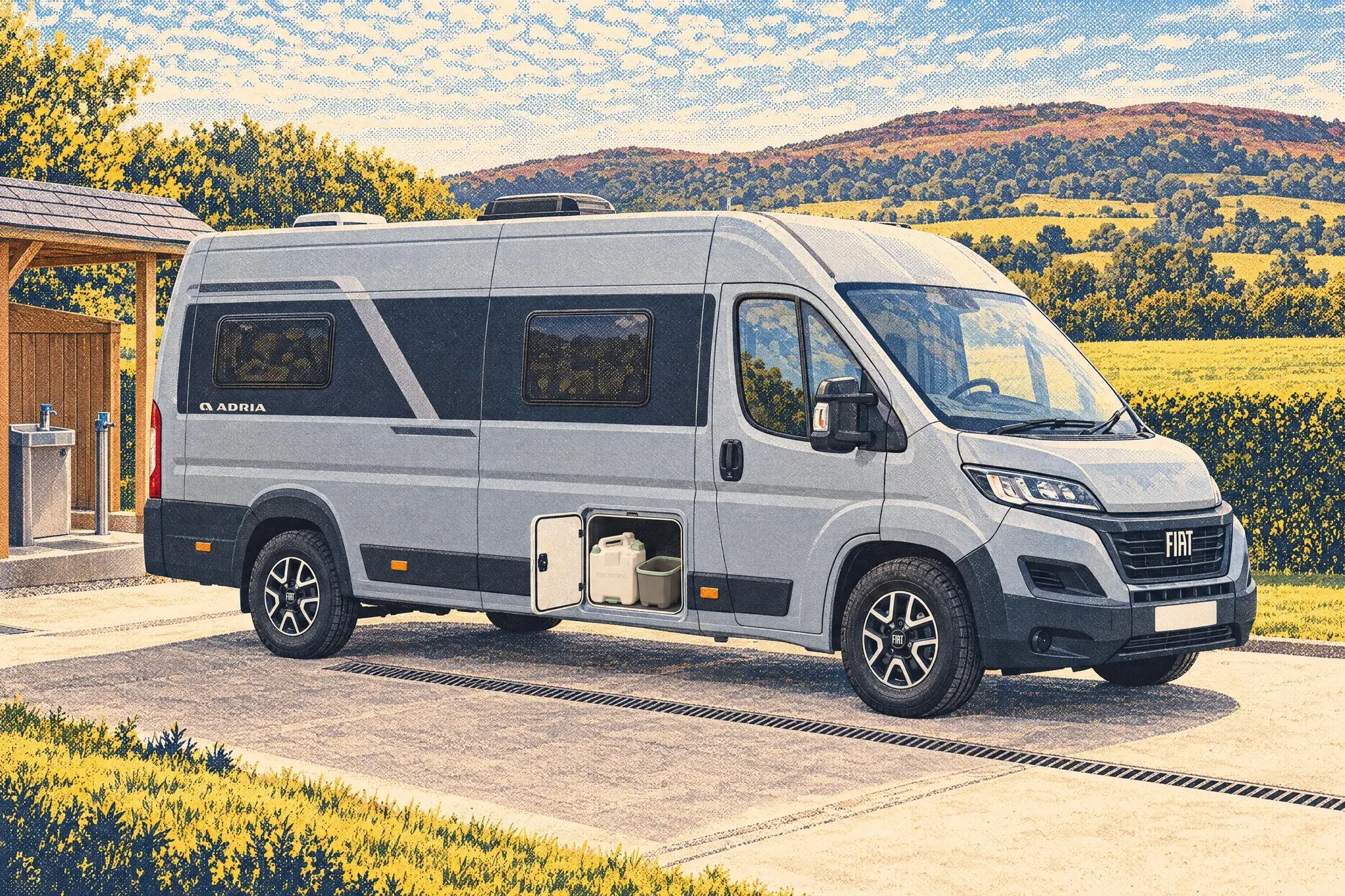 An Adria Twin campervan at a campsite service point in the Quantocks, its toilet hatch open to show a Thetford separation kit's urine tank and lined solids bucket.