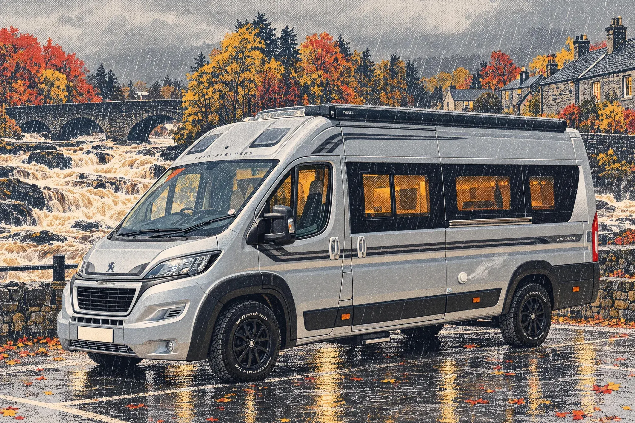 An Auto-Sleepers Kingham campervan parked in heavy rain beside the Falls of Dochart in Killin, a thin wisp of steam rising from its Truma heater's wall flue.