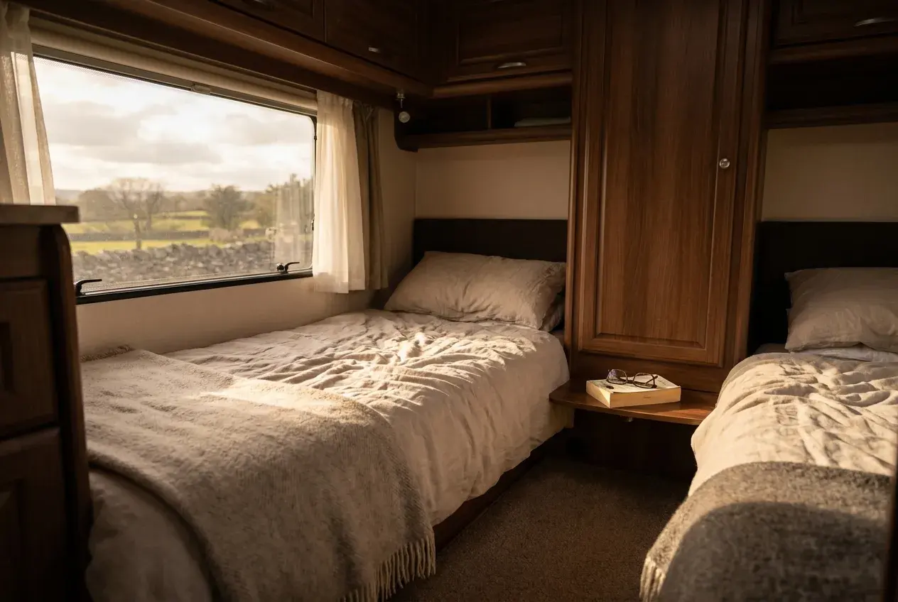The rear bedroom of a motorhome with two single twin beds, soft daylight, duvets and a book on the side shelf.