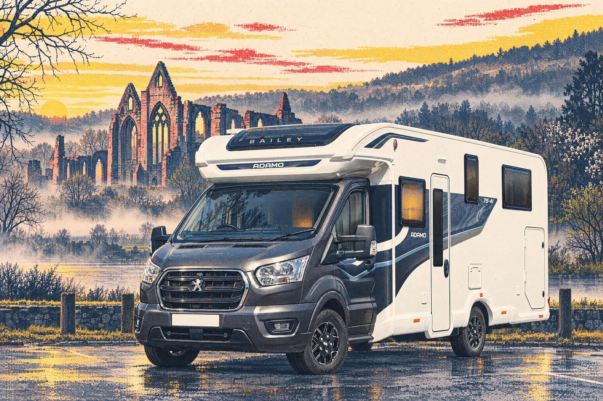Illustration of a Bailey Adamo motorhome parked alone at dawn beside the misty, roofless ruins of Tintern Abbey in the Wye Valley.