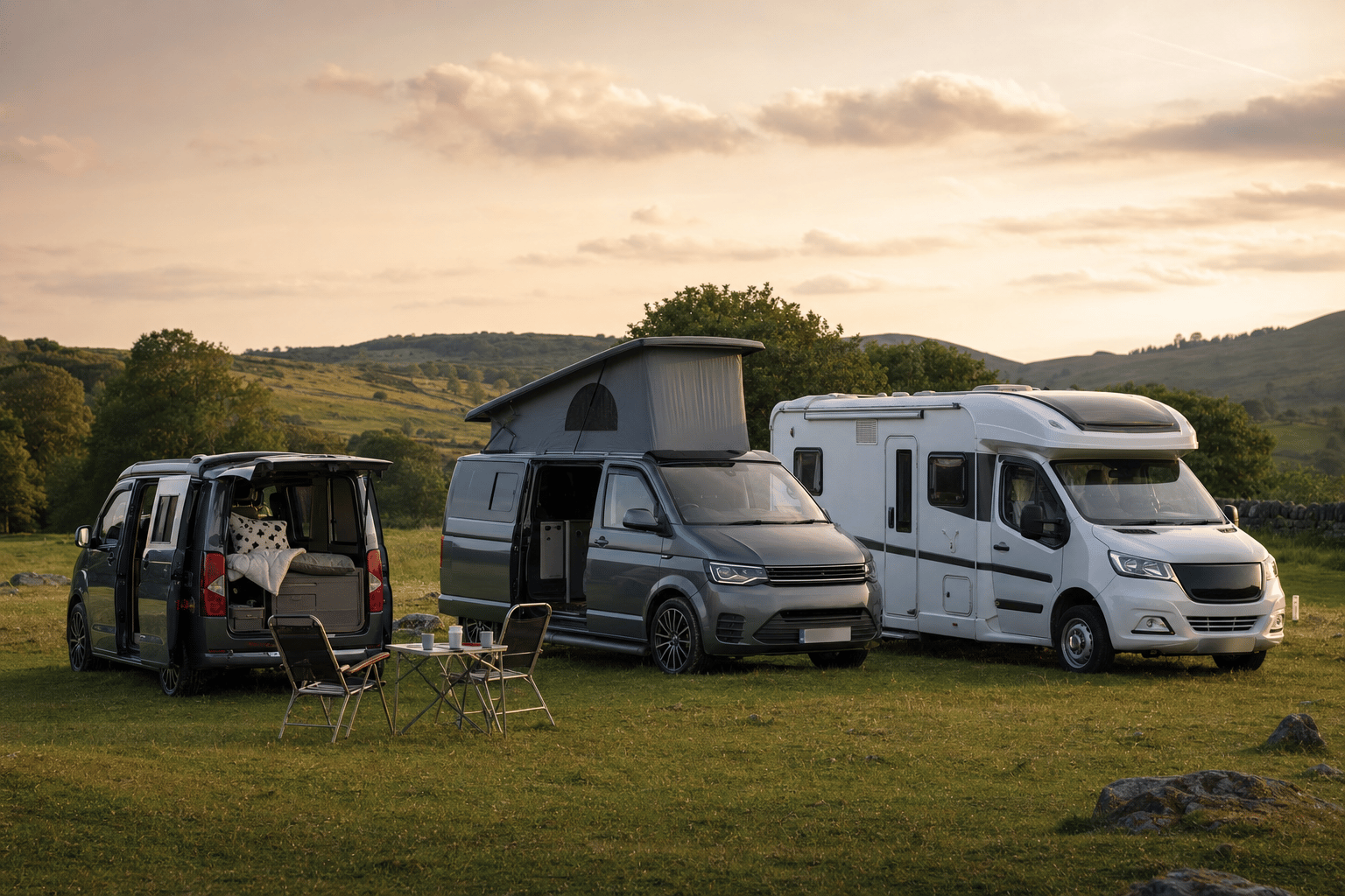 Three campervan types parked side by side on a grassy campsite at golden hour: a small day van, a pop-top van and a larger coachbuilt motorhome.