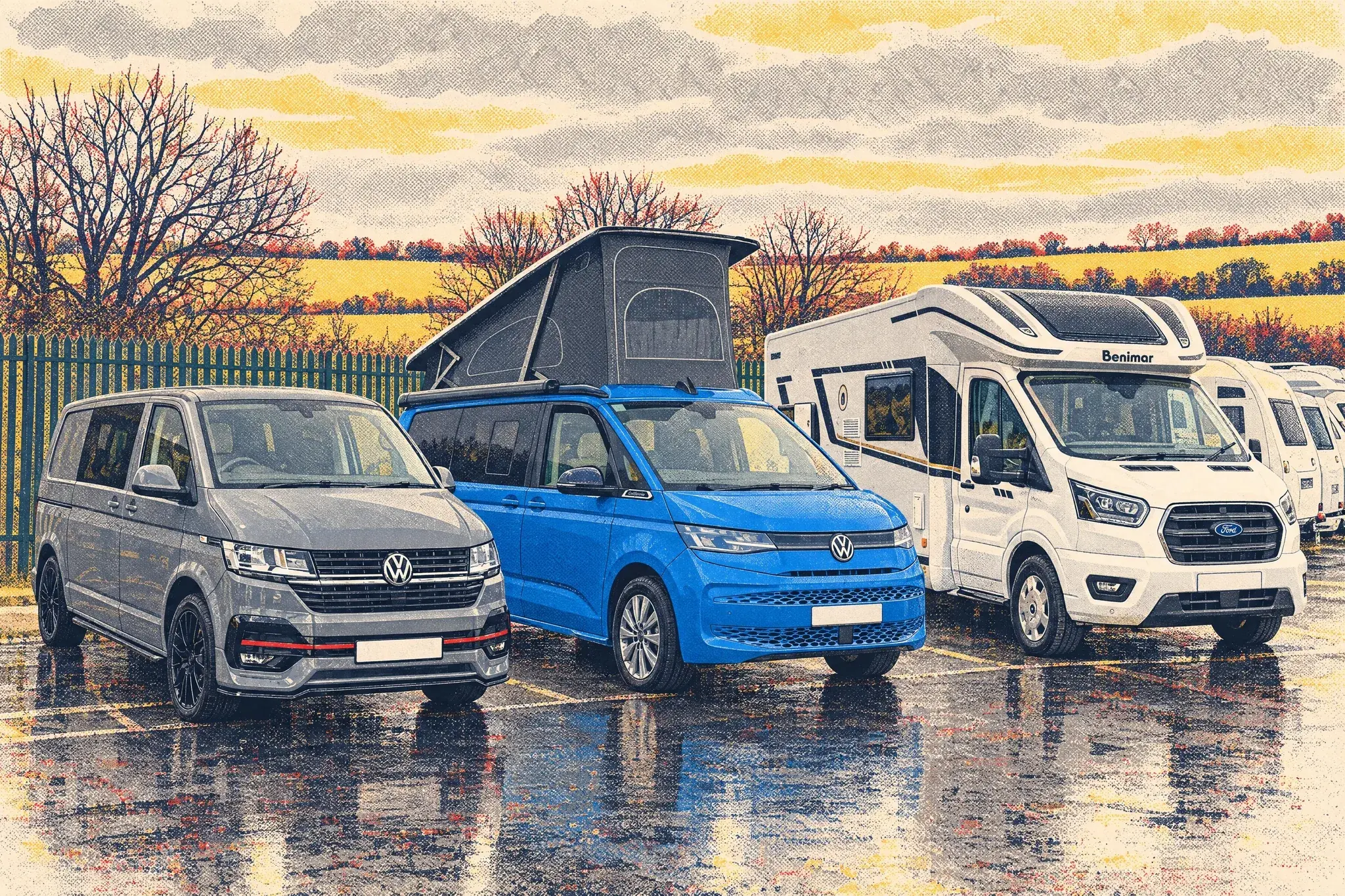 A VW Transporter day van, a VW California with its pop-top raised and a Benimar Tessoro coachbuilt parked side by side in a damp December storage yard.