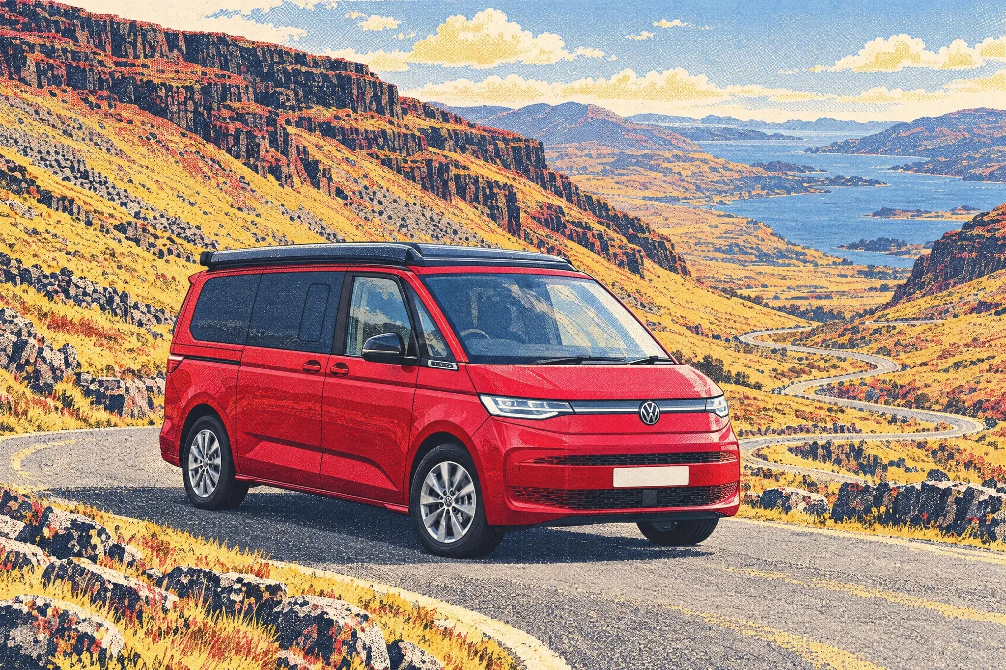 A VW California Ocean campervan climbs the tight hairpin bends of the Bealach na Bà pass to Applecross on a clear, bright late-May morning.