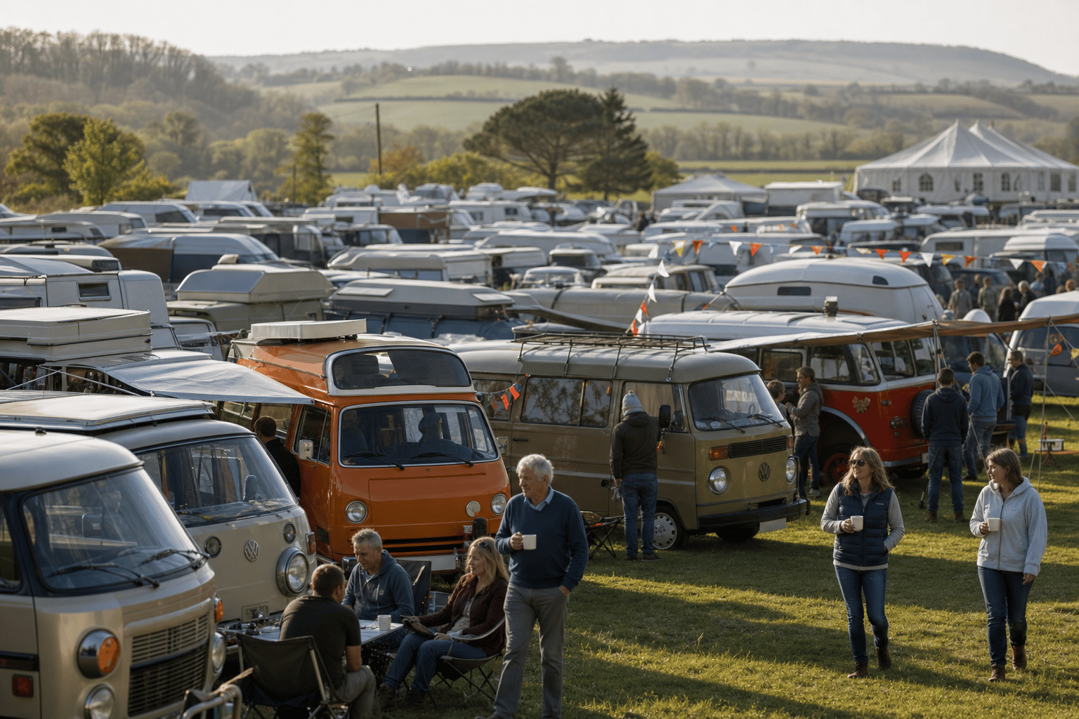 A busy outdoor campervan and motorhome show with rows of classic and modern vans parked across a grassy field as visitors browse in warm daylight.