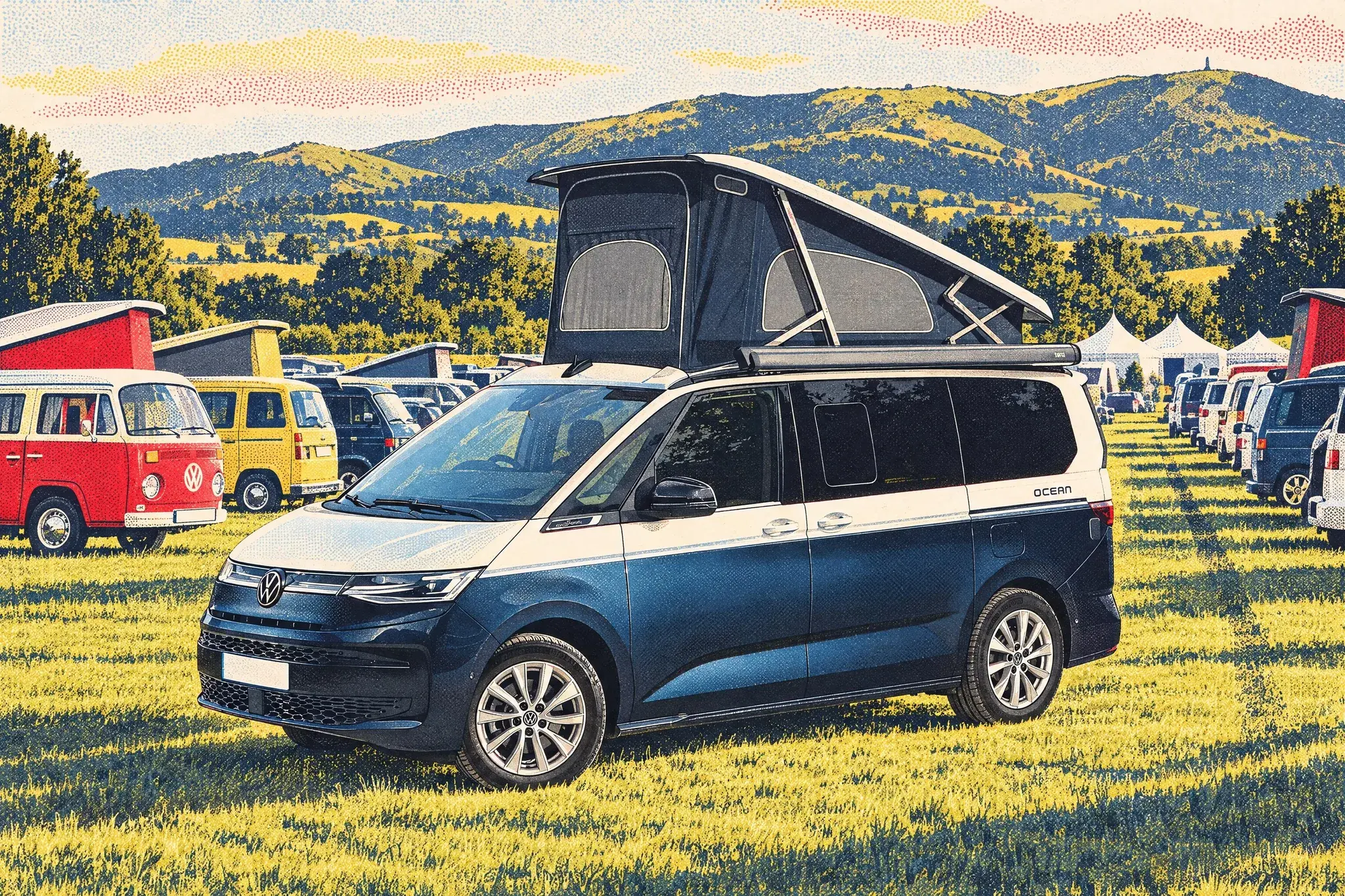 A Volkswagen California Ocean with its pop-top raised among rows of VW campervans in a dewy show field at Malvern, the Malvern Hills behind on a clear July morning.
