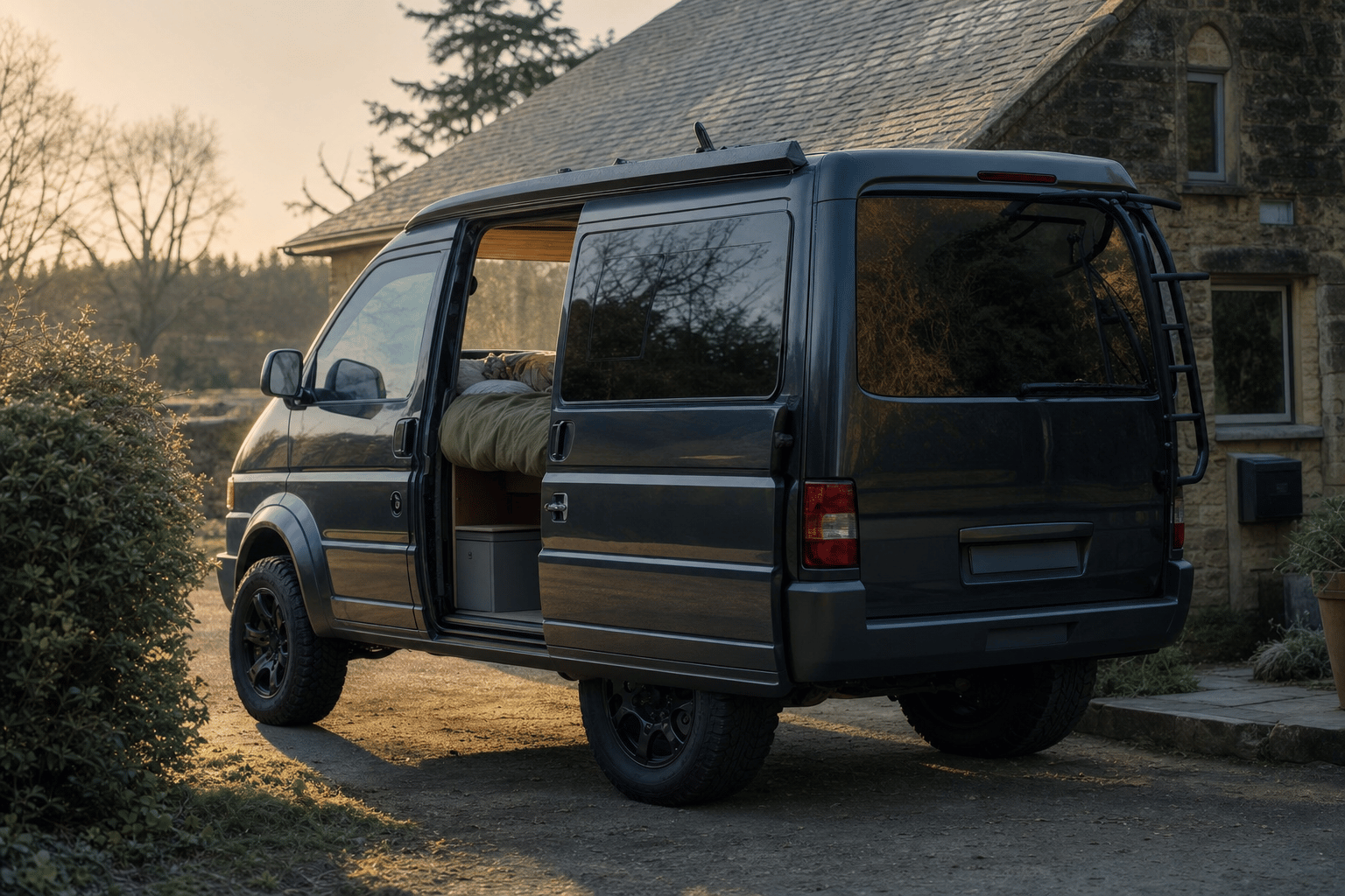 A compact campervan on a driveway in soft morning light with its side door open, showing widening flare panels and a crossways bed inside.