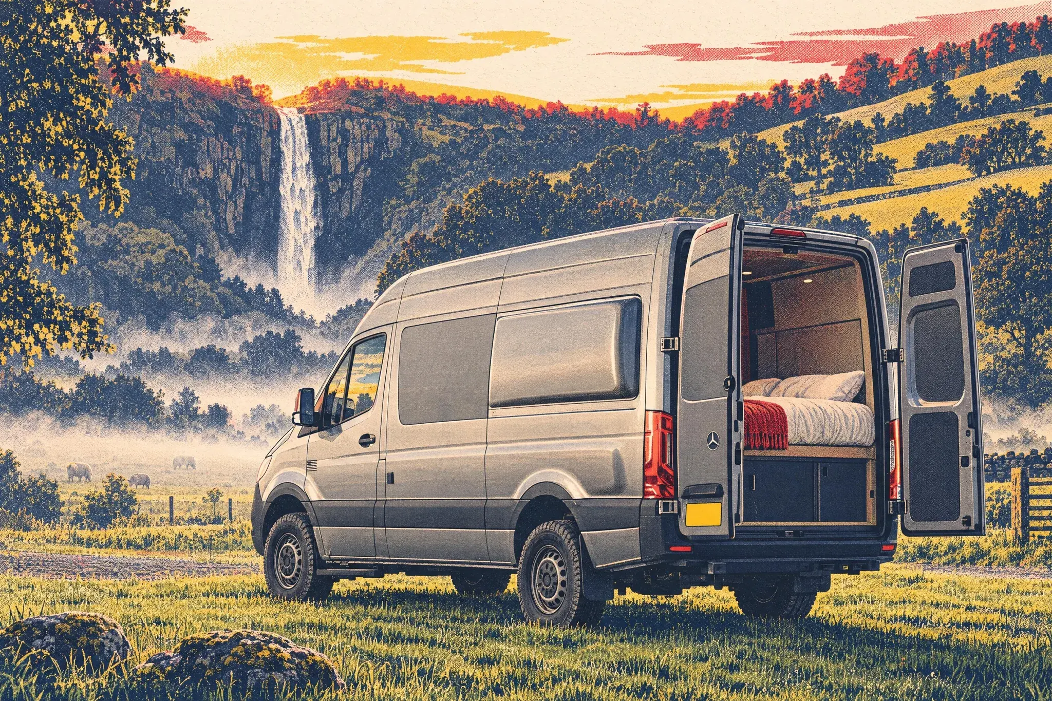 A Mercedes Sprinter camper with moulded bed flares and its rear doors open on a crossways bed, parked at dawn below the misty Pistyll Rhaeadr waterfall in Powys.