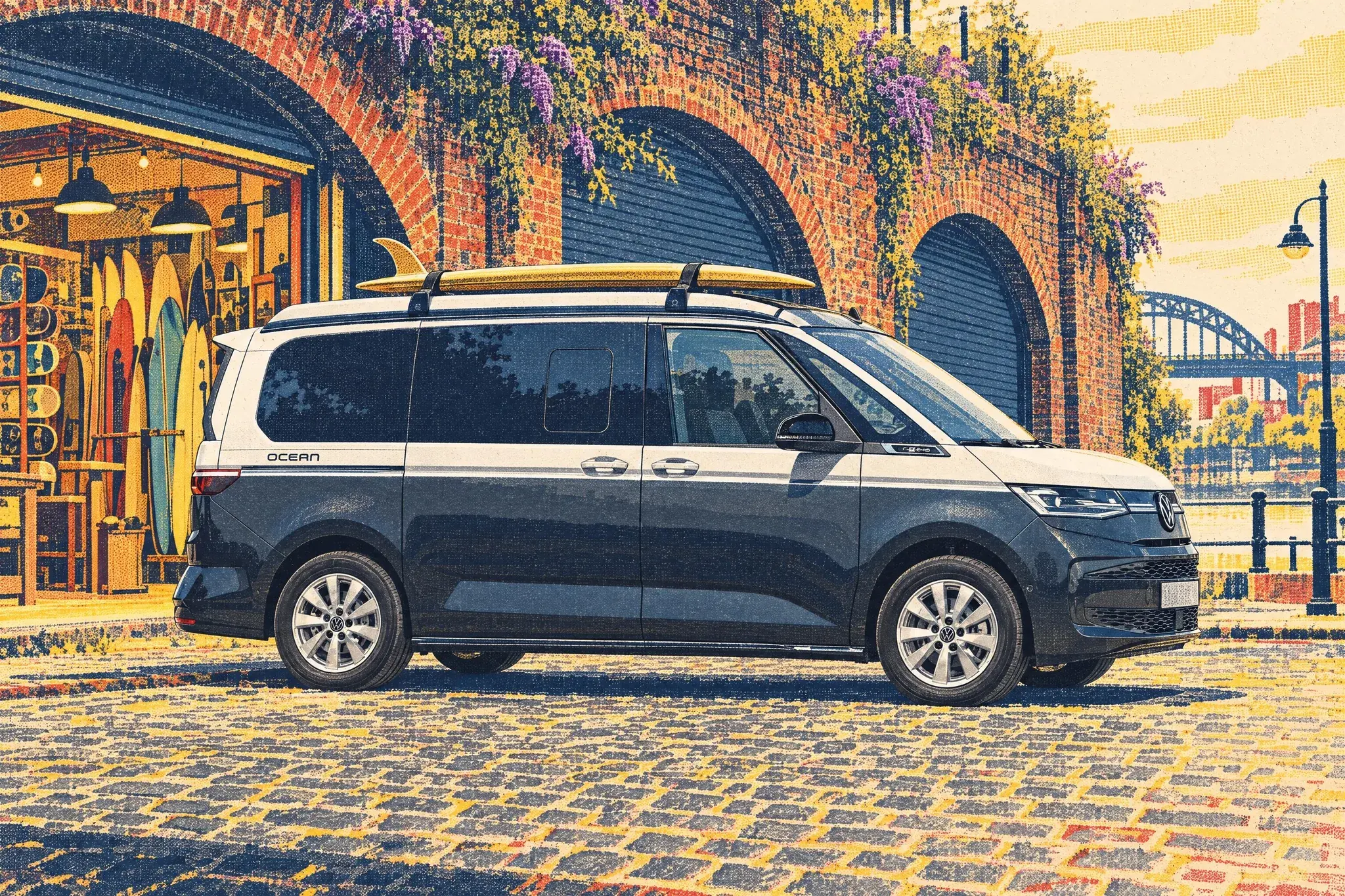 A Volkswagen California campervan with a vintage single-fin surfboard on its roof bars, parked under brick railway arches beside a retro surf shop in Newcastle's Ouseburn Valley.