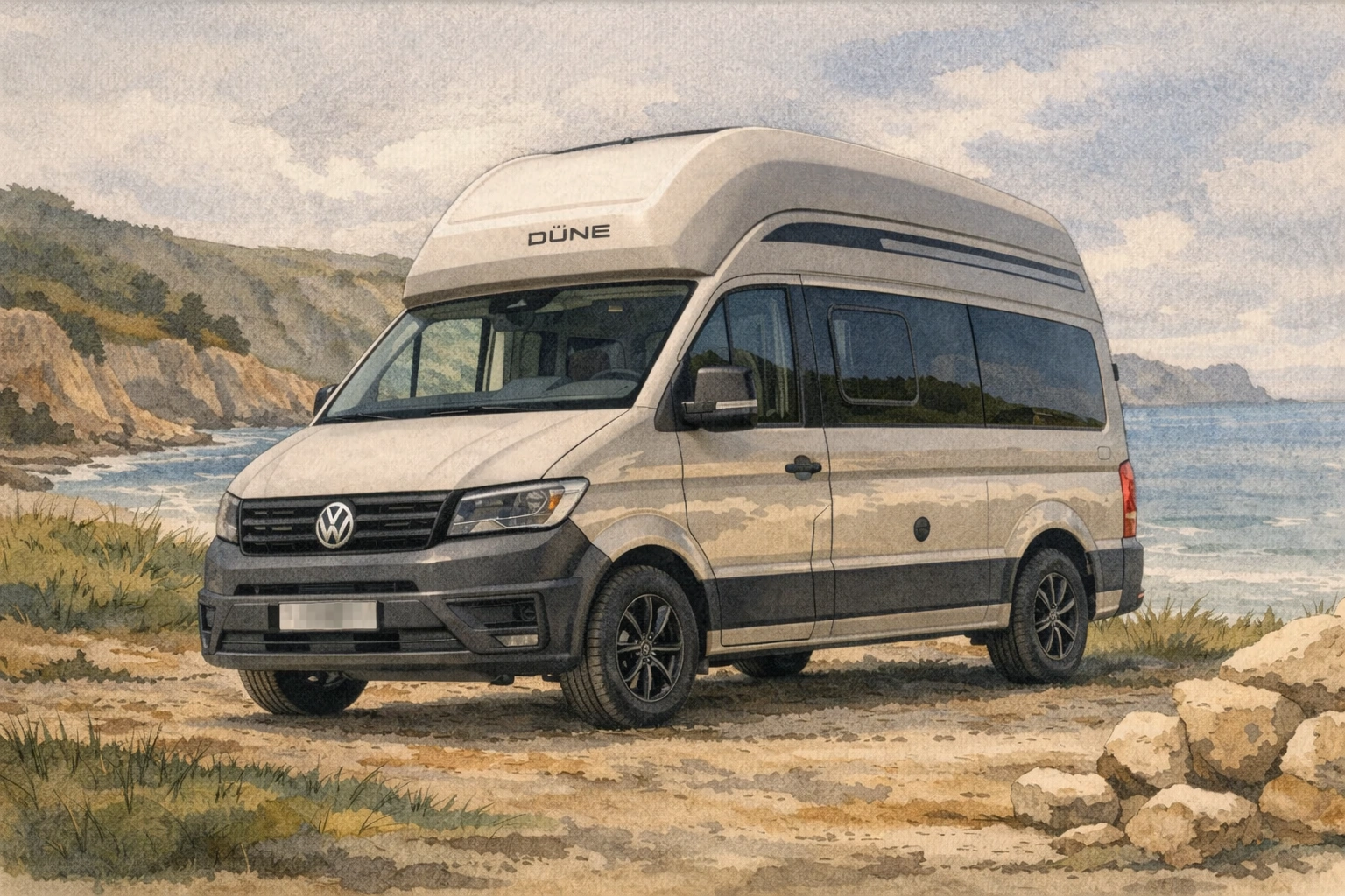 Volkswagen Dune campervan parked on beach with coastal cliffs and sea behind.