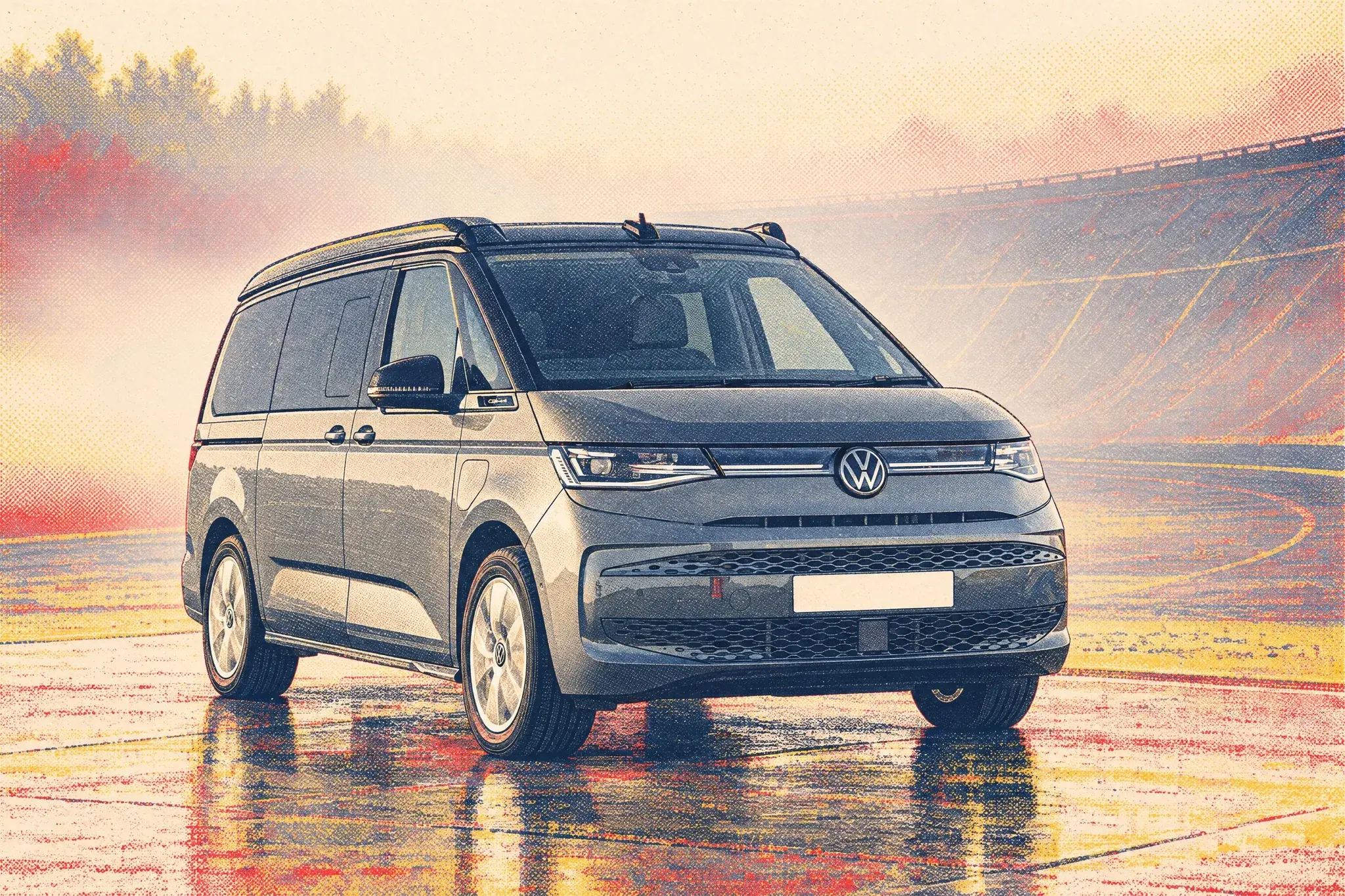Illustration of a VW California Ocean campervan parked at the edge of the banked test track at Millbrook Proving Ground, the track curving away into thick November fog.