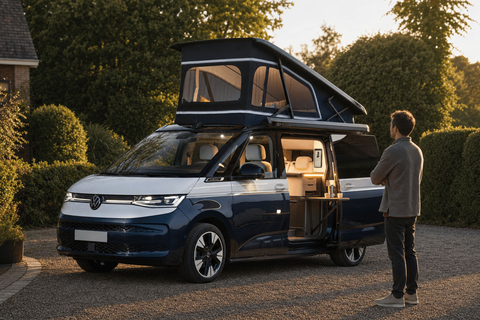 A Volkswagen California campervan with a pop-top roof parked on a driveway at golden hour, sliding door open, with a person standing beside it.