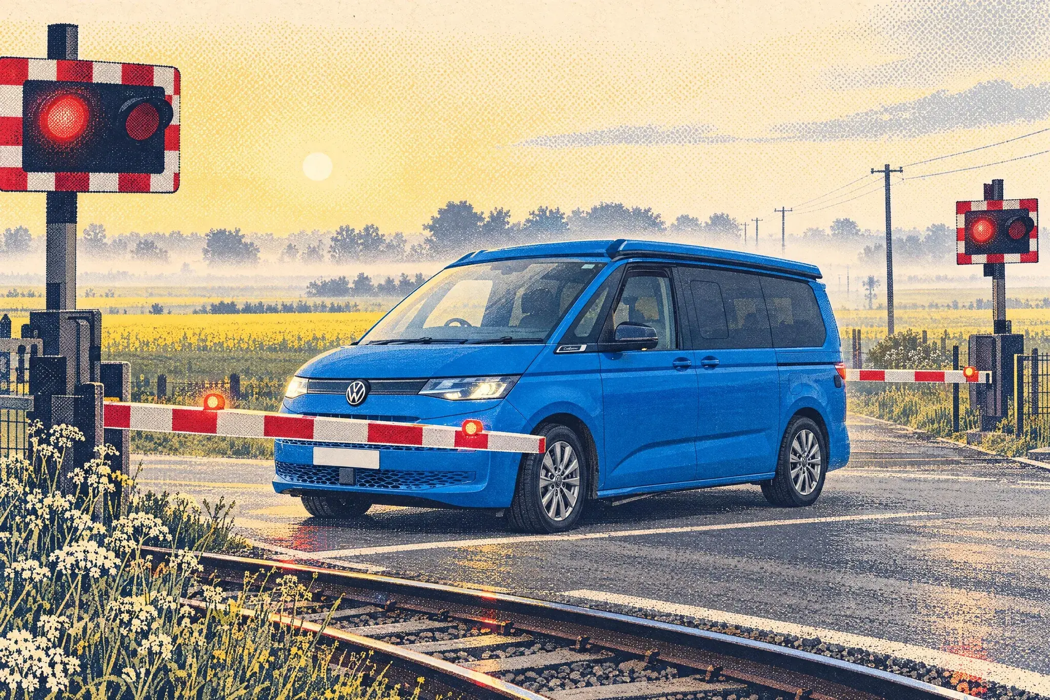 A VW California Ocean campervan waits at a lowered level-crossing barrier with red lights flashing, on a misty early-May morning among flat fields.