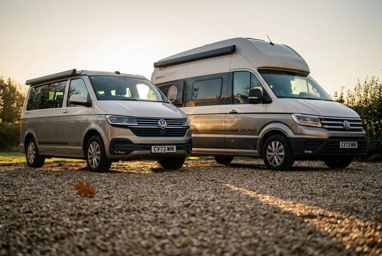 A compact pop-top VW California parked next to the taller, longer high-roof VW Grand California on a gravel driveway in evening light, showing their size difference.