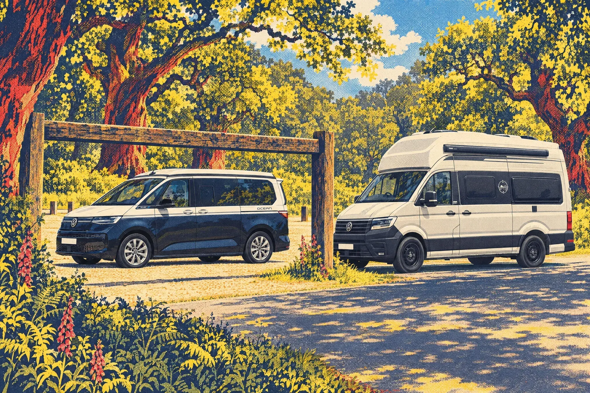 A VW California with its roof down slips under a timber 2.0m height barrier into a Sherwood Forest car park as a much taller VW Grand California waits on the lane.