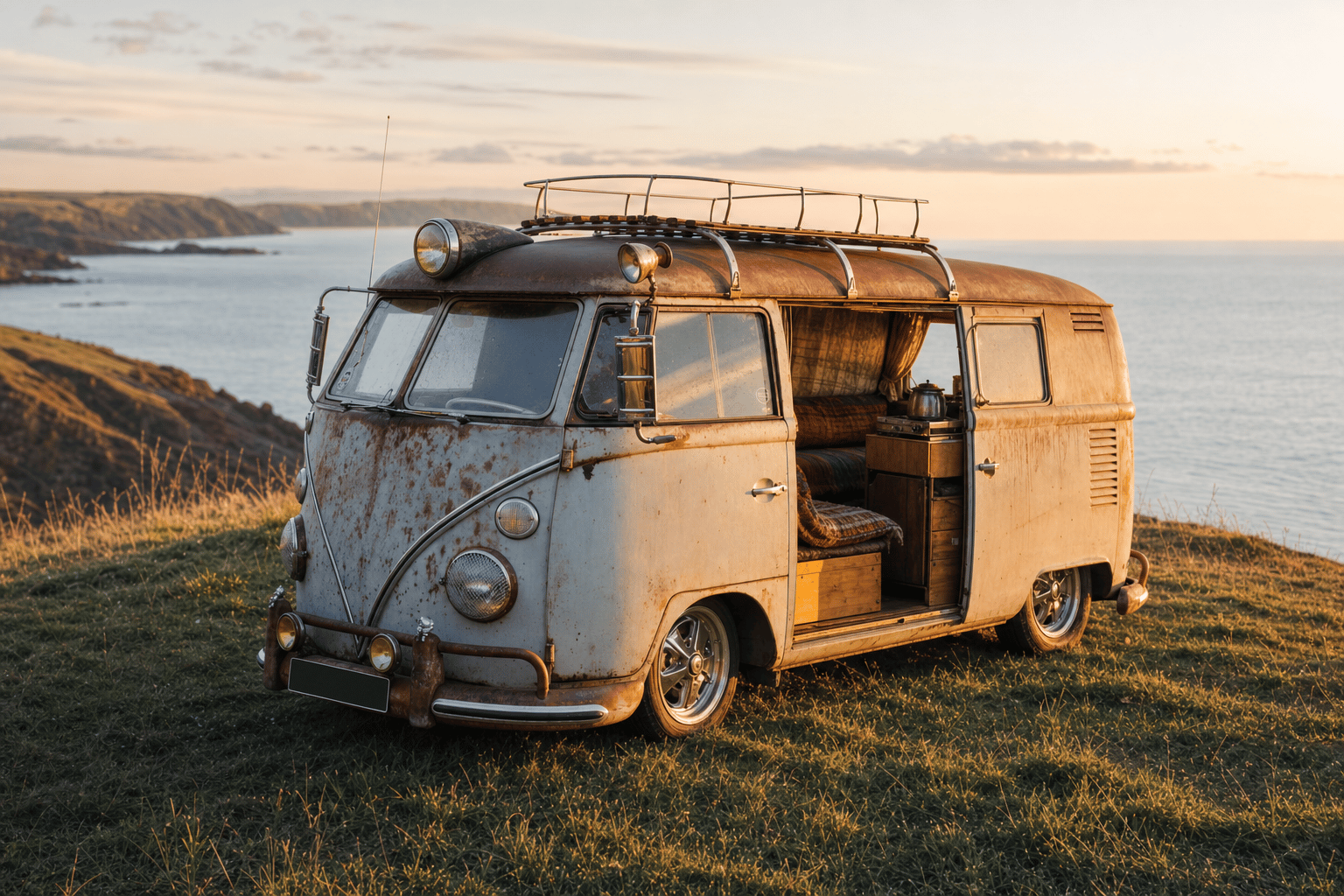 A classic vintage Volkswagen camper van parked on a grassy clifftop above the sea in warm evening light, side door open to a cosy interior.