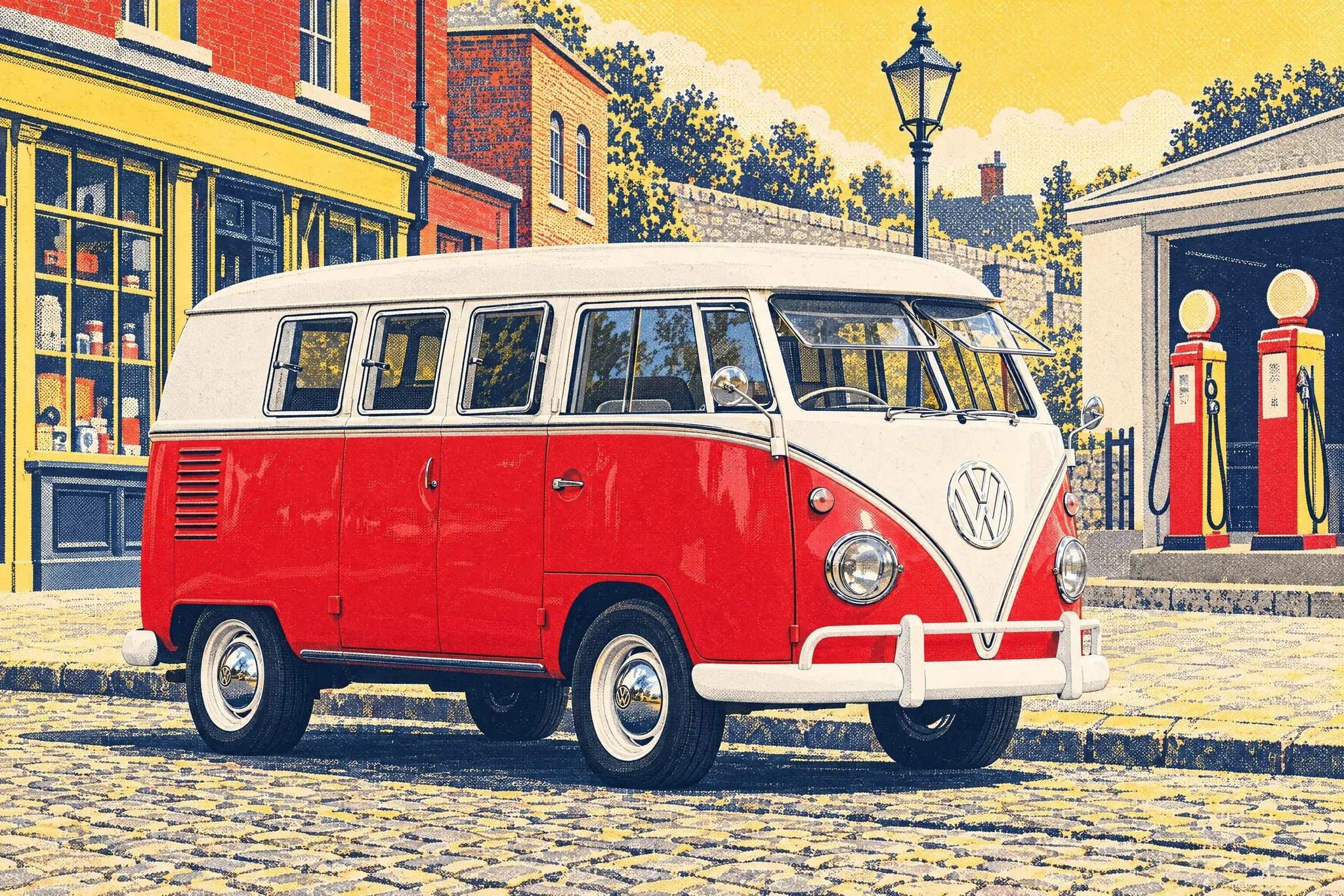 Illustration of a late-1950s VW Splitscreen camper parked in side profile on the cobbled 1950s street at Beamish Museum, beside old shopfronts and petrol pumps.