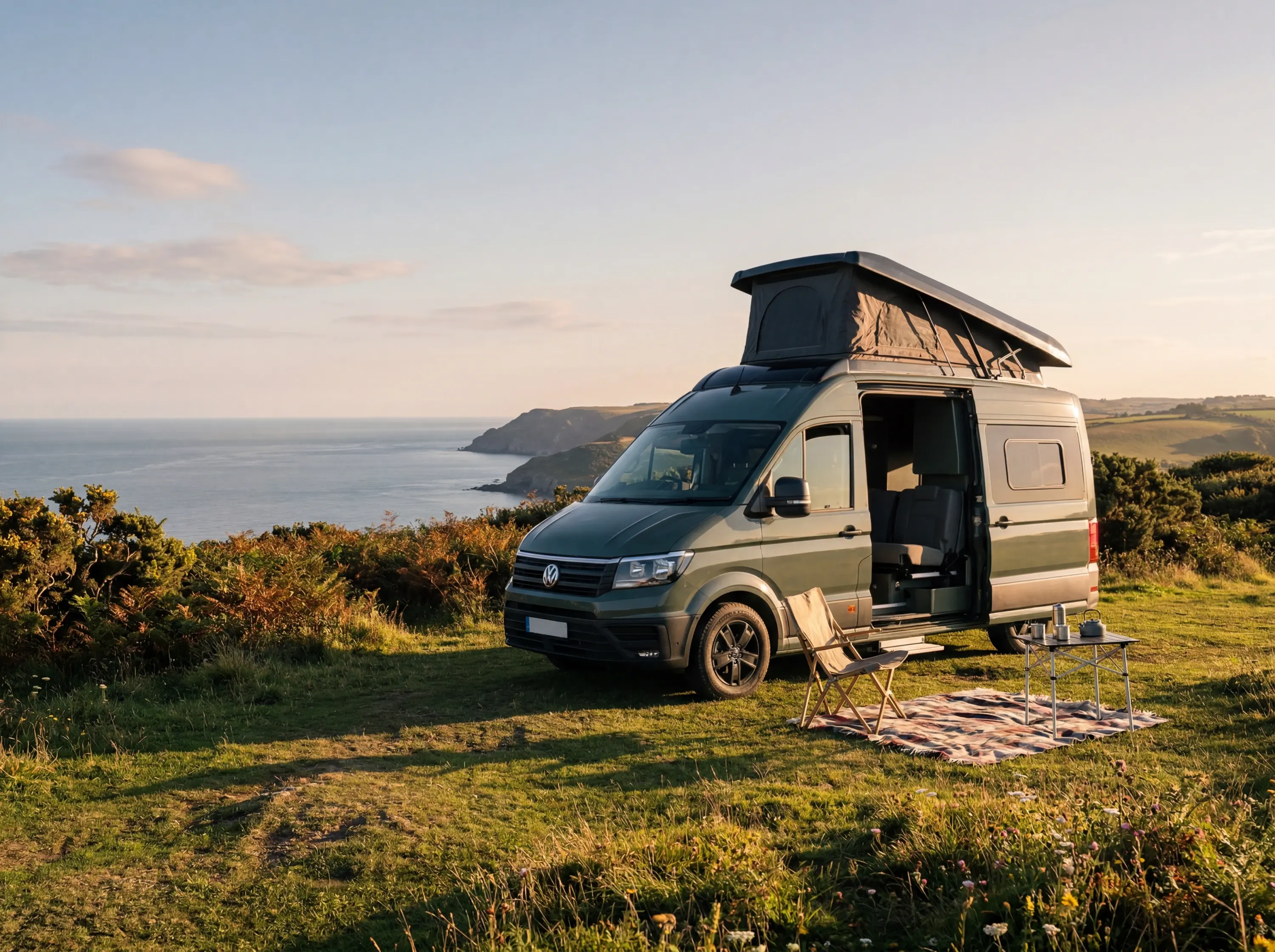 Volkswagen campervan with pop-up roof parked on grassy clifftop overlooking coastal cliffs and sea.