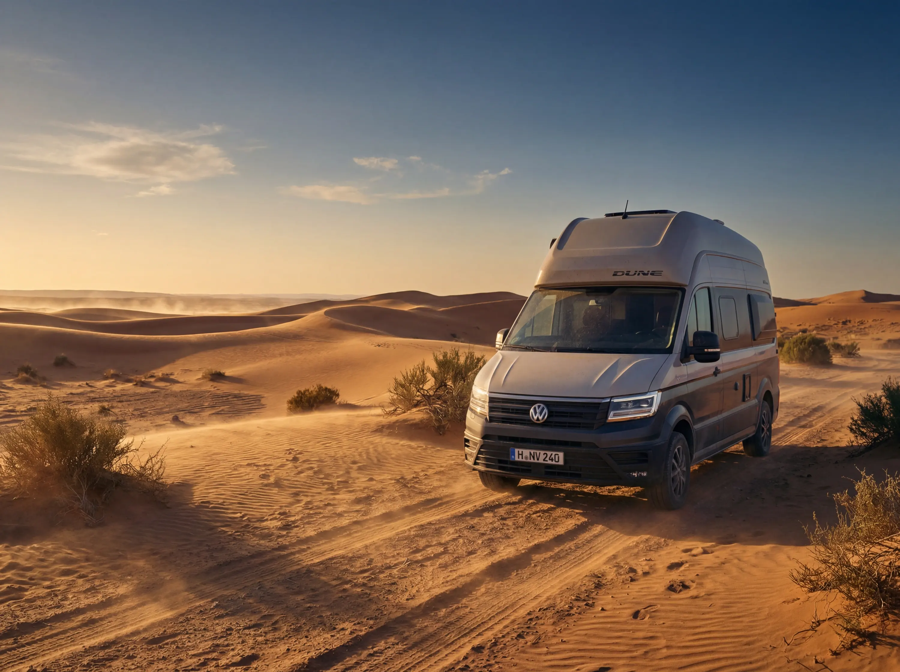 White Volkswagen Dune campervan parked on golden sand dunes with sparse desert vegetation and blue sky.