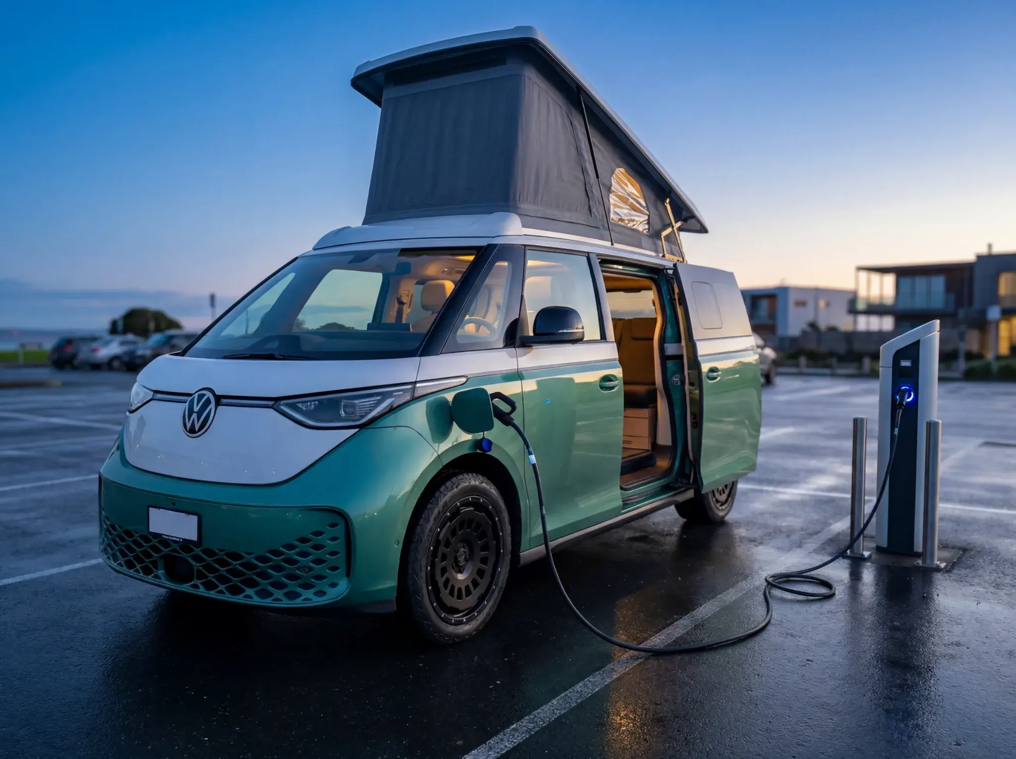 Volkswagen electric campervan in white and green with pop-up roof charging at station.