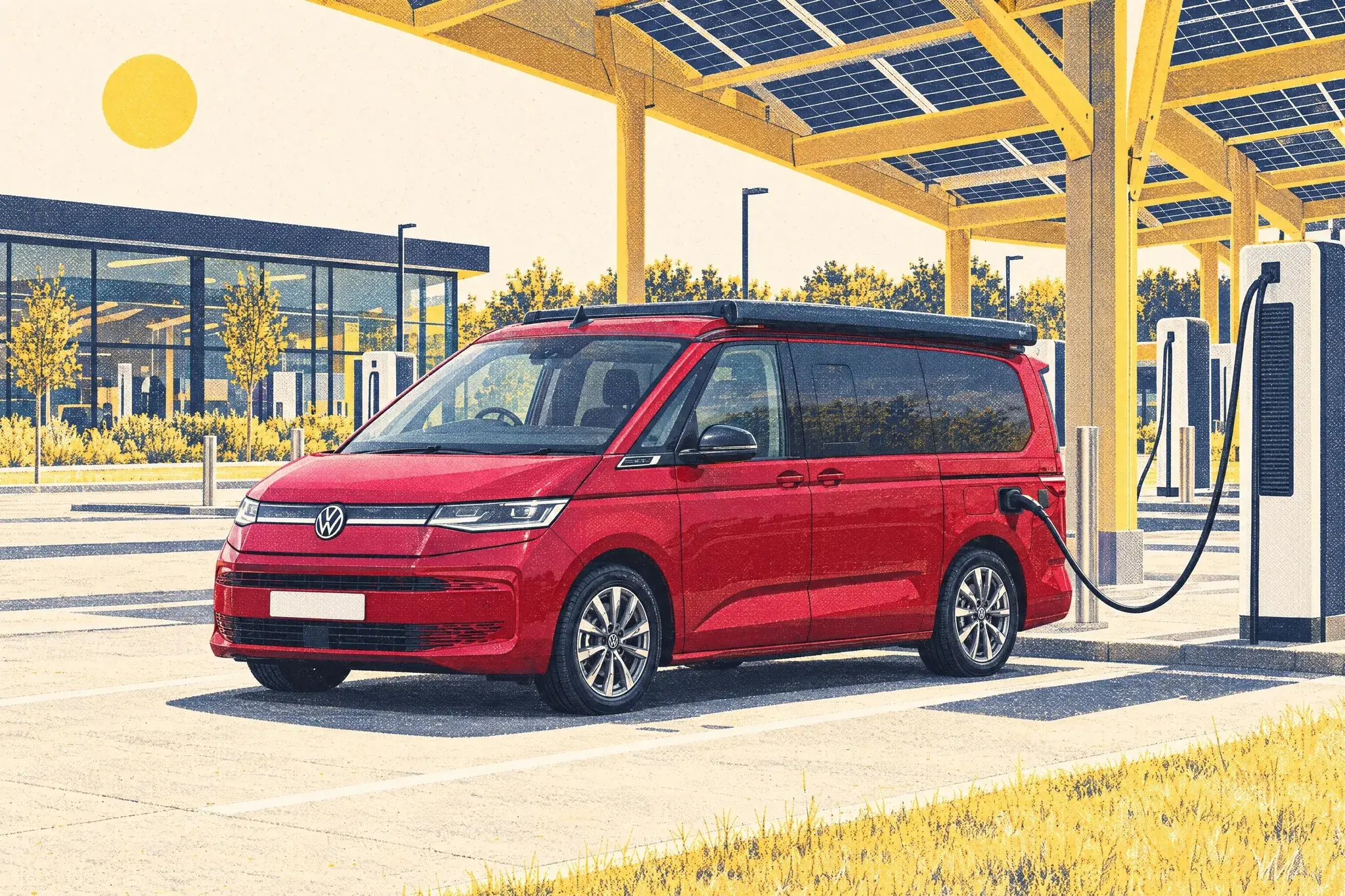 A VW California eHybrid camper, pop-top closed, plugged into a rapid charger at the edge of the timber-and-solar canopy of Gridserve's Braintree Electric Forecourt in harsh July sun.