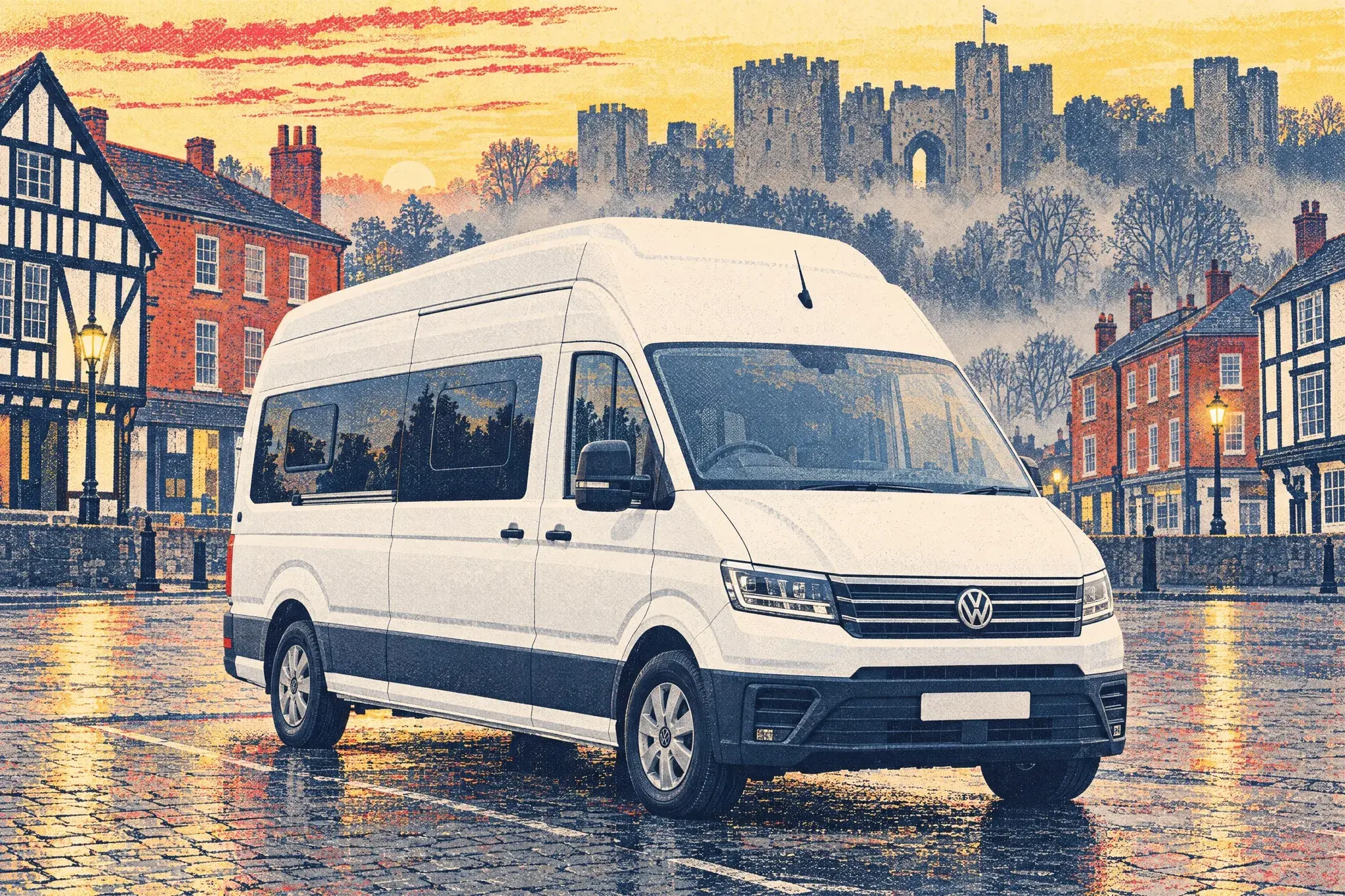 A white VW Grand California 600 campervan parked in Ludlow's Castle Square at a foggy April dawn, with the ruined castle gatehouse and half-timbered buildings behind.