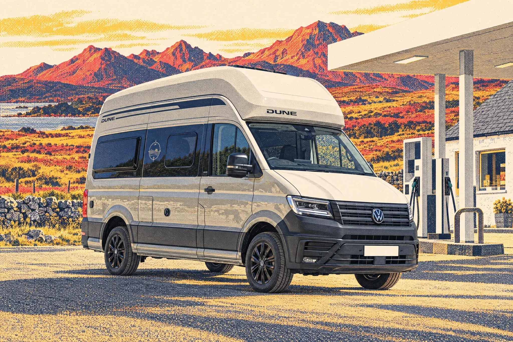 Illustration of an Ascot Grey VW Grand California 600 Dune campervan at a small filling station on the Isle of Skye on a golden summer evening.