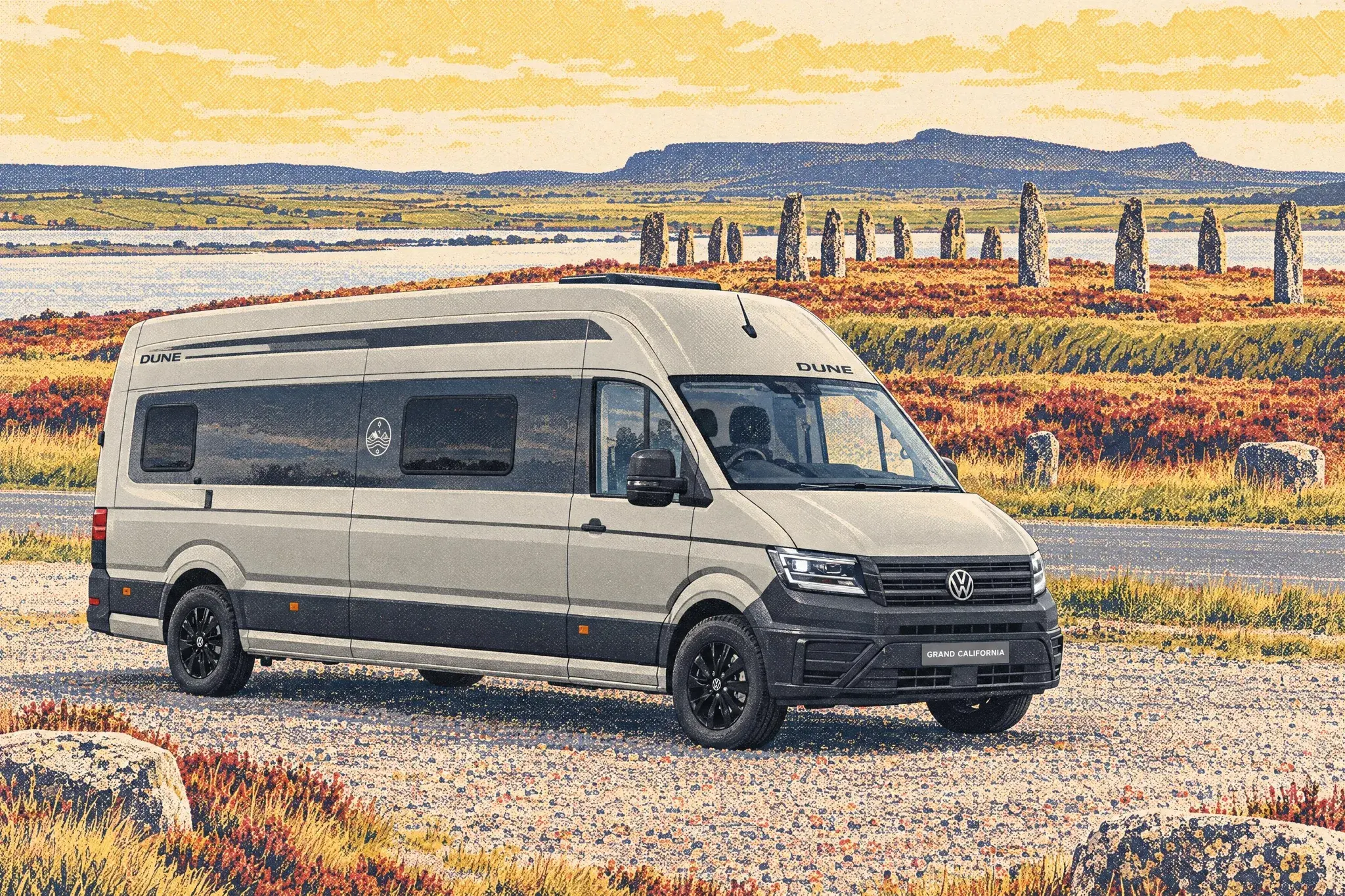 Illustration of an Ascot Grey Volkswagen Grand California 680 Dune high-roof campervan parked alone by the Ring of Brodgar standing stones in Orkney on a calm September morning.