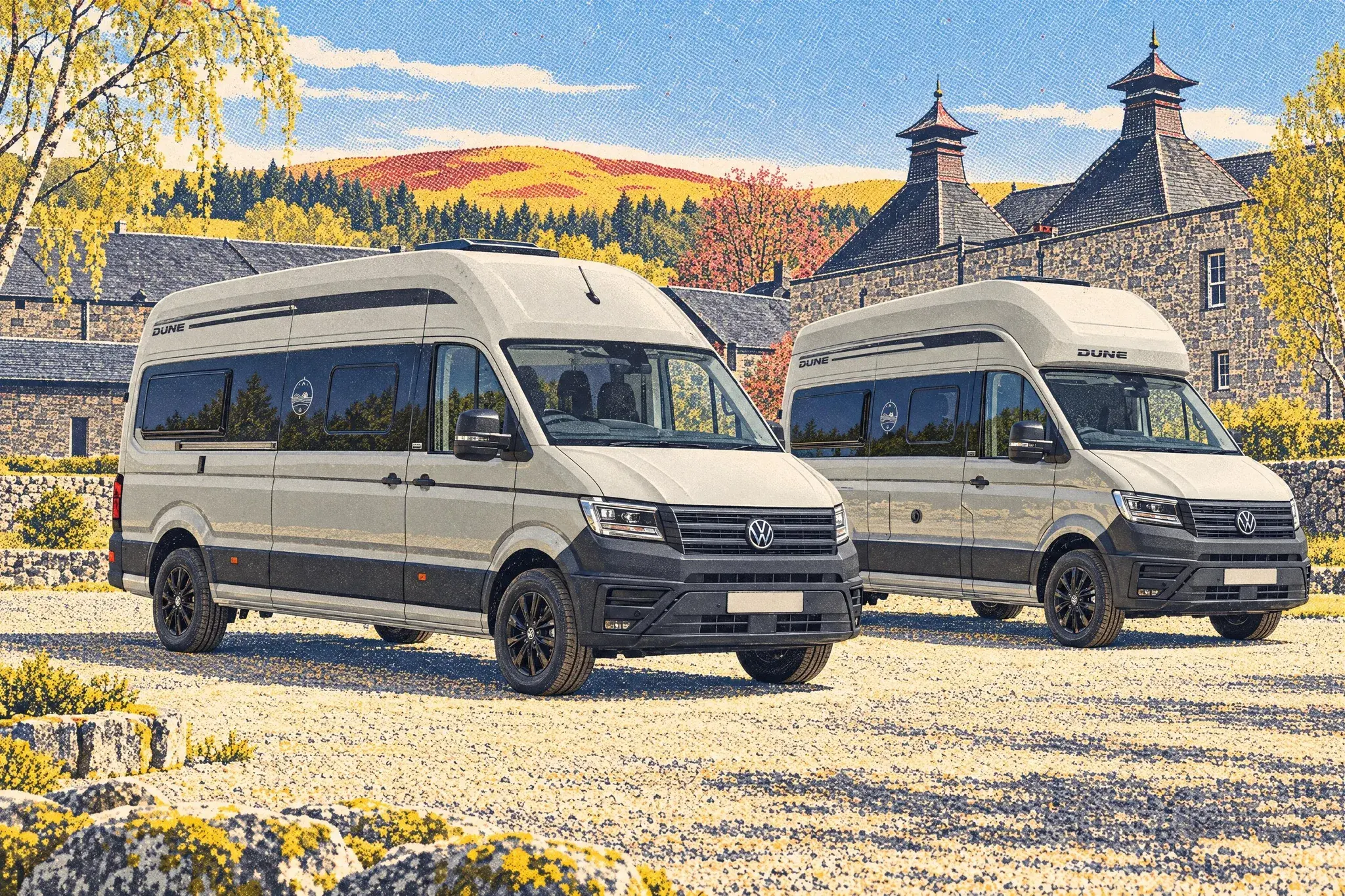 Two VW Grand California Dune campervans, the longer 680 and the taller, shorter 600, parked side by side in a Speyside distillery car park on a bright spring morning.