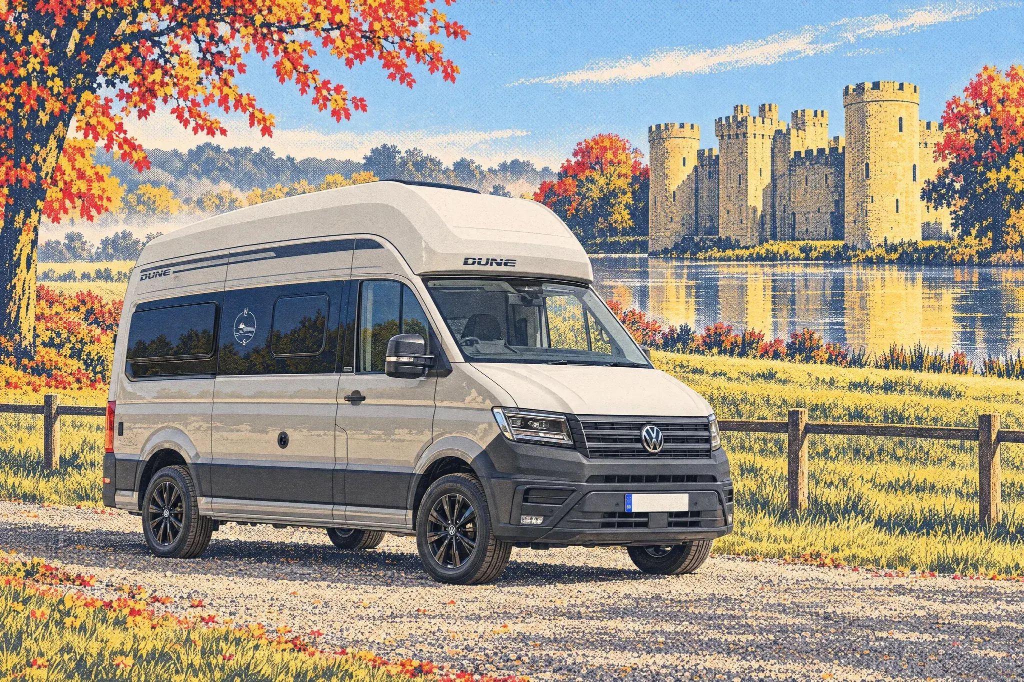 A grey Volkswagen Grand California Dune motorhome with black wheels and bumpers parked below the moated towers of Bodiam Castle on a bright autumn morning.