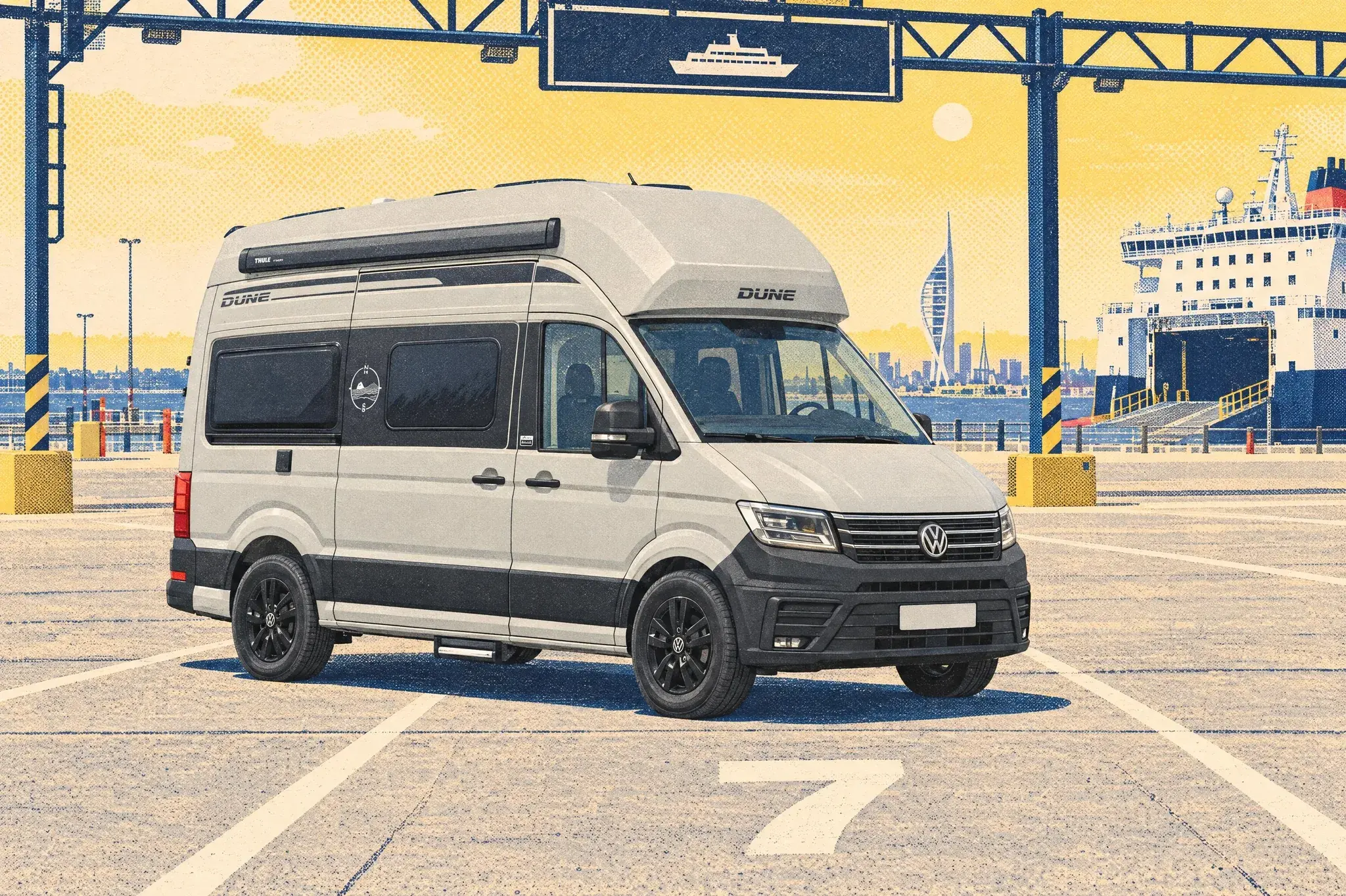 A pale grey VW Grand California Dune with gloss-black wheels waits alone in a sunlit Portsmouth ferry lane signed for Santander, a big white ferry beyond.