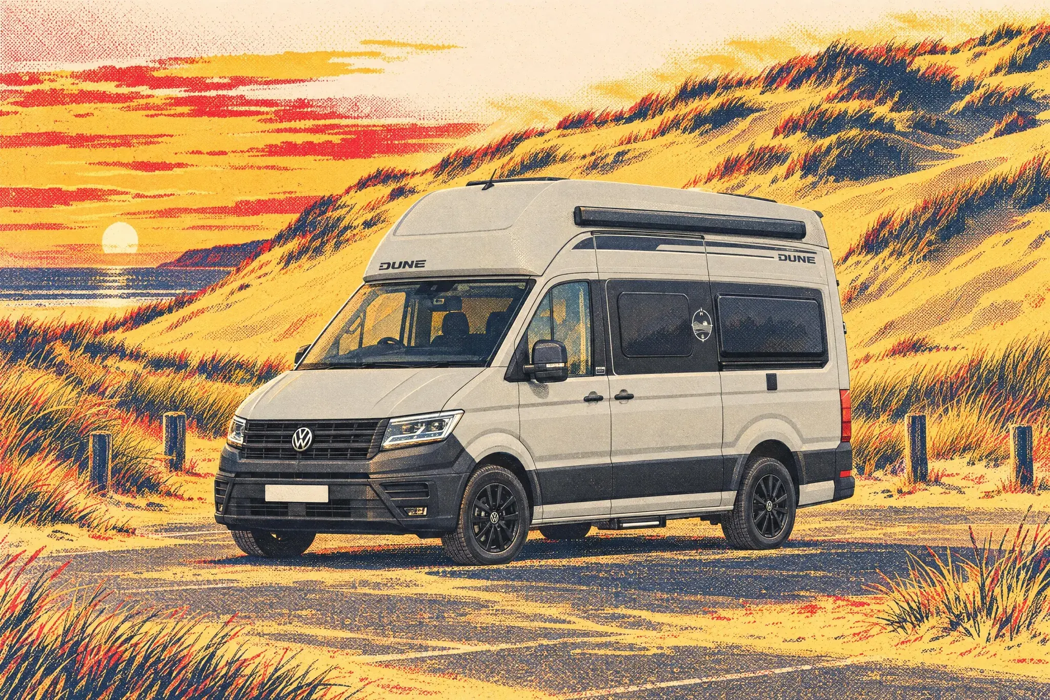 Illustration of a pale grey VW Grand California 600 Dune with black wheels and DUNE graphics, parked below towering sand dunes at Merthyr Mawr in amber evening light.