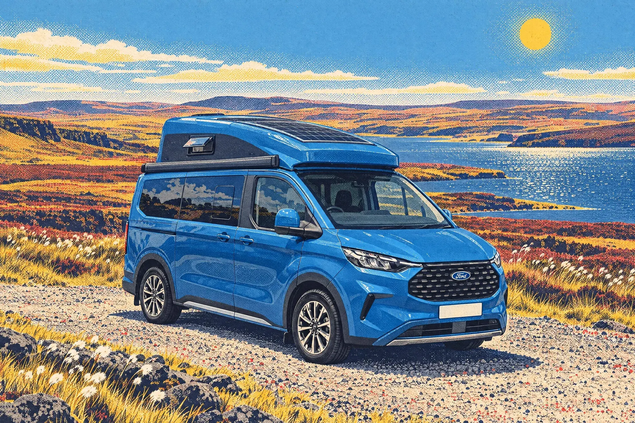A Ford Transit Custom Nugget Active camper stands alone at the gravel end of a moorland road above Cow Green Reservoir, Upper Teesdale, amid white cotton grass in June sun.