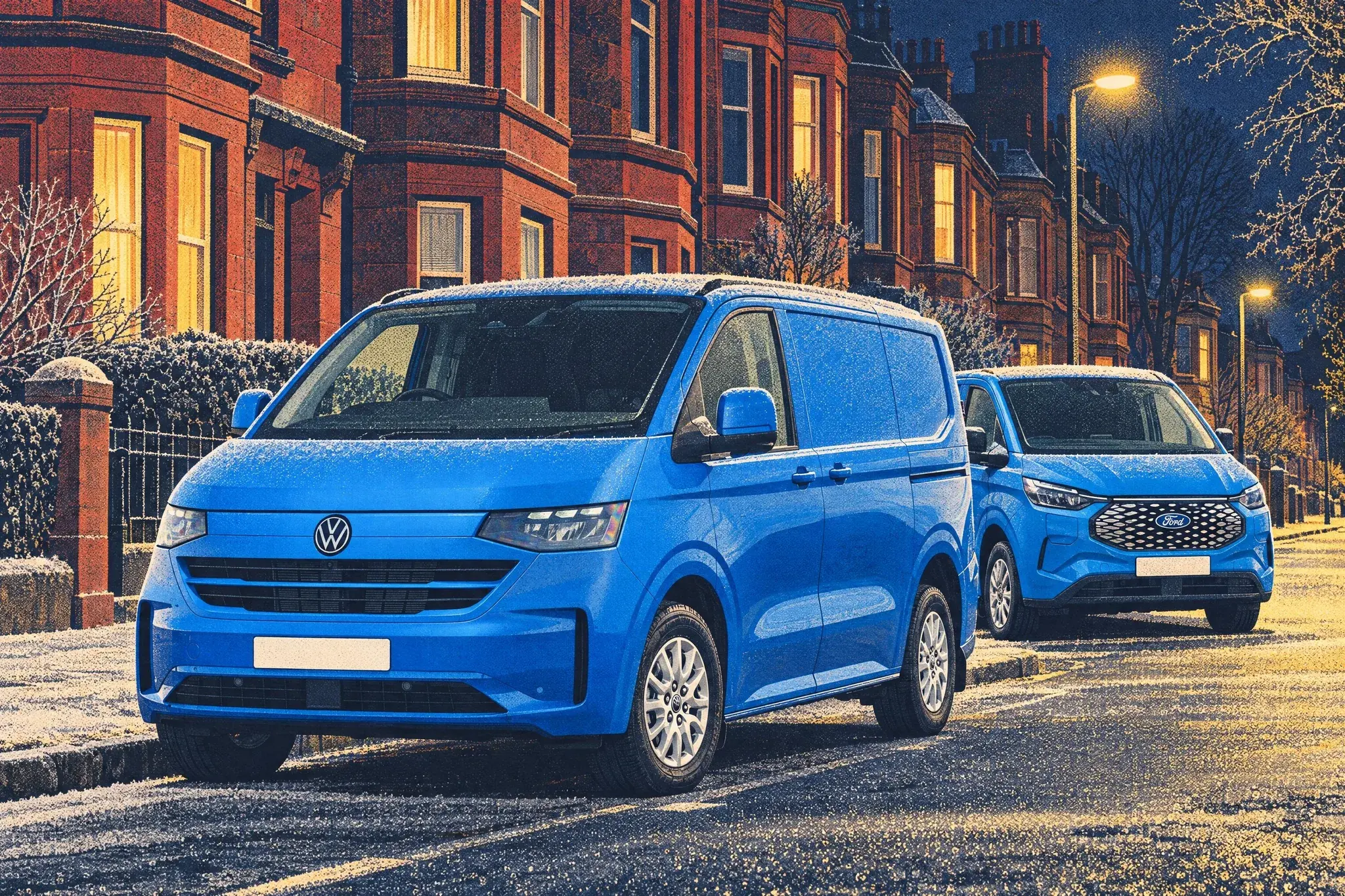 A new VW Transporter parked by red sandstone tenements in Hyndland, Glasgow, on a frosty night, with an identically shaped Ford Transit Custom behind.