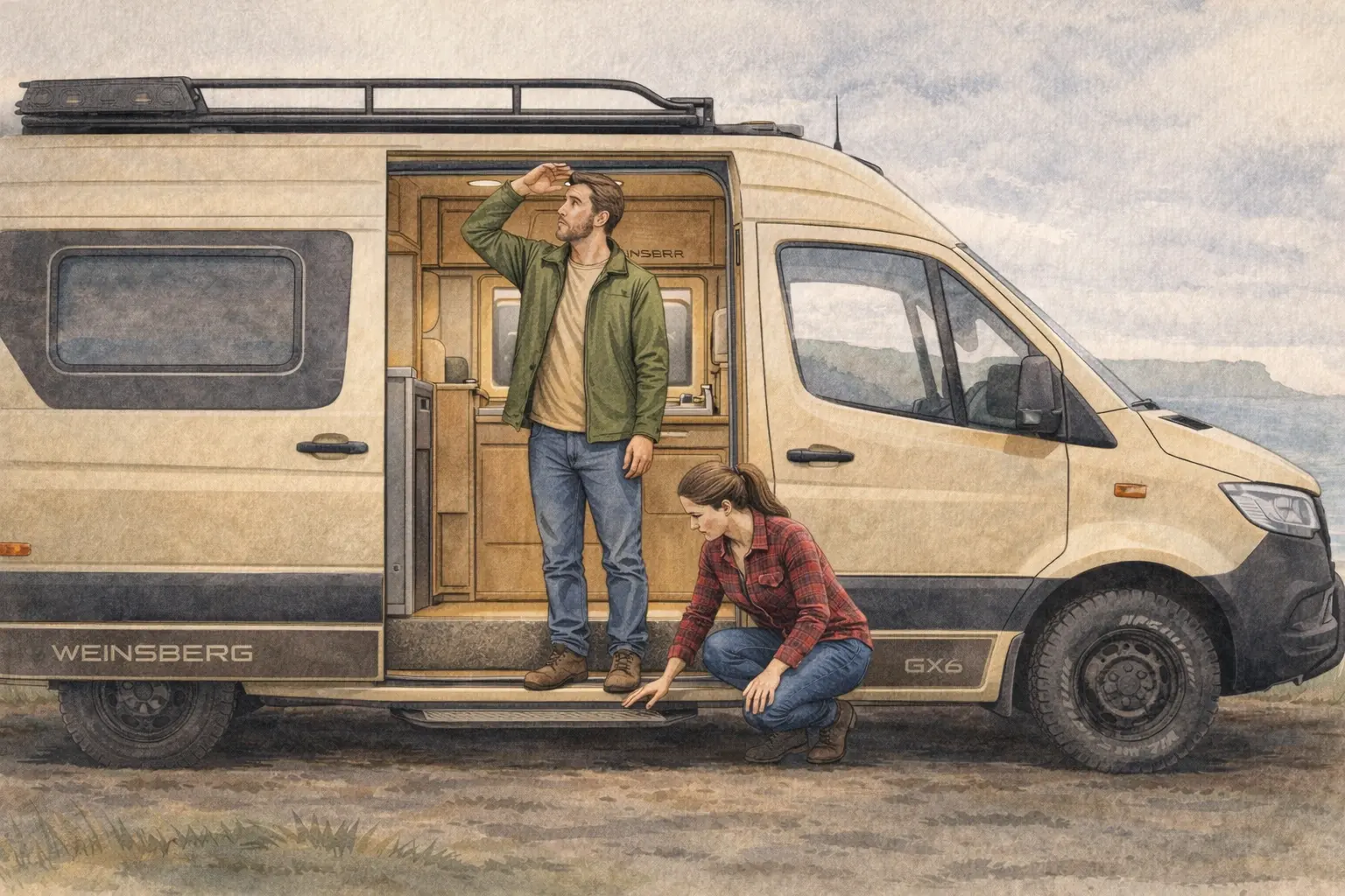 Beige Weinsberg campervan with two people at open side door, roof rack visible, landscape background.