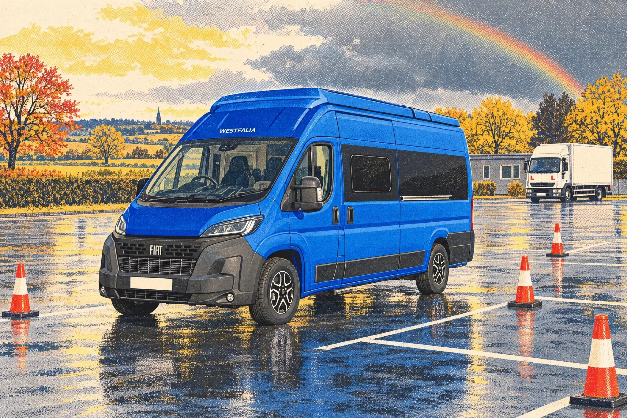 Illustration of a tall Westfalia Columbus Liner Fiat Ducato camper by orange cones in a lorry driver-training yard after rain, with a faint rainbow behind.