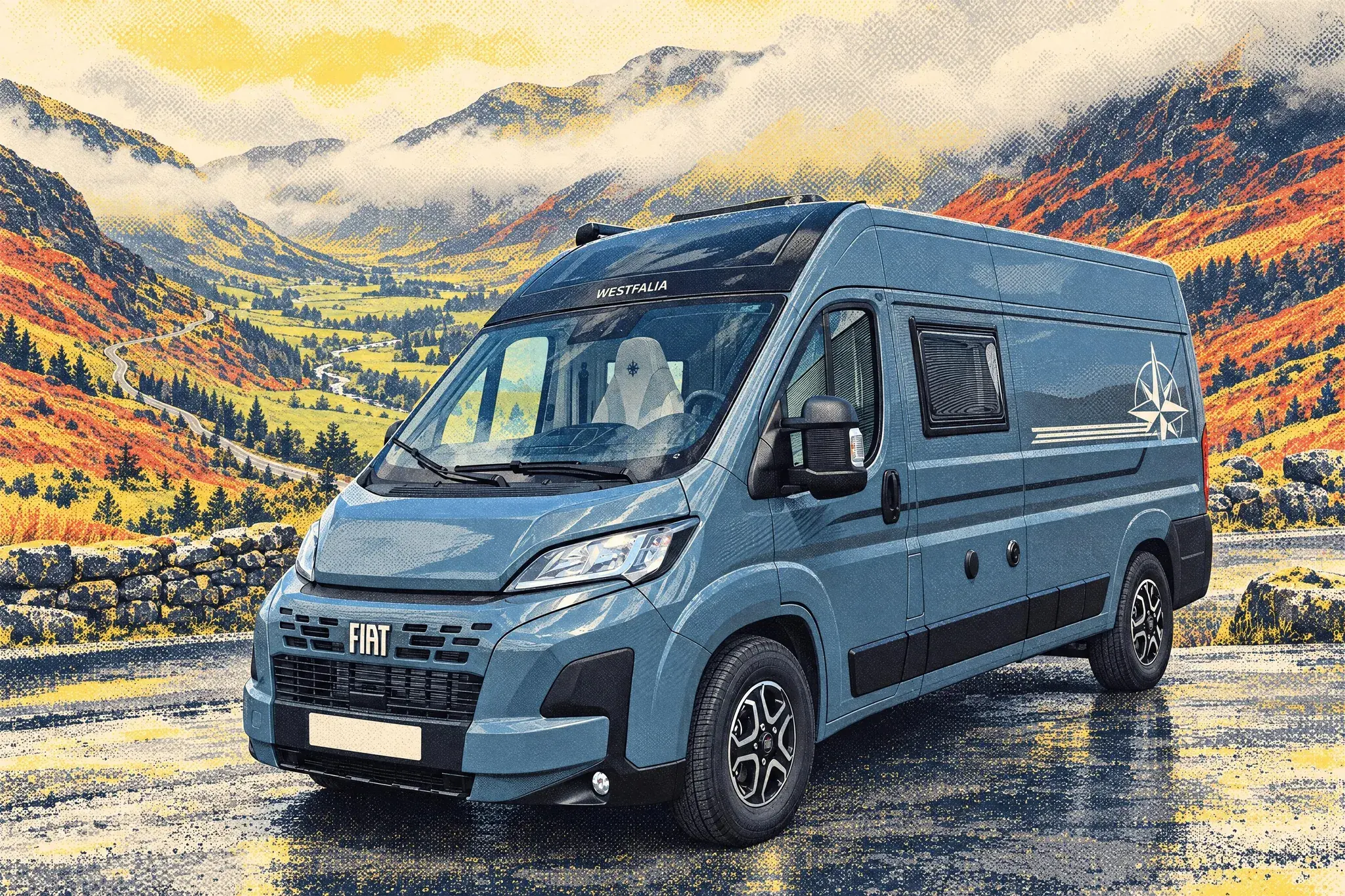 A Westfalia Nansen 600 L high-roof Fiat Ducato campervan at the Rest and Be Thankful viewpoint, the old military road winding up Glen Croe beneath low cloud.