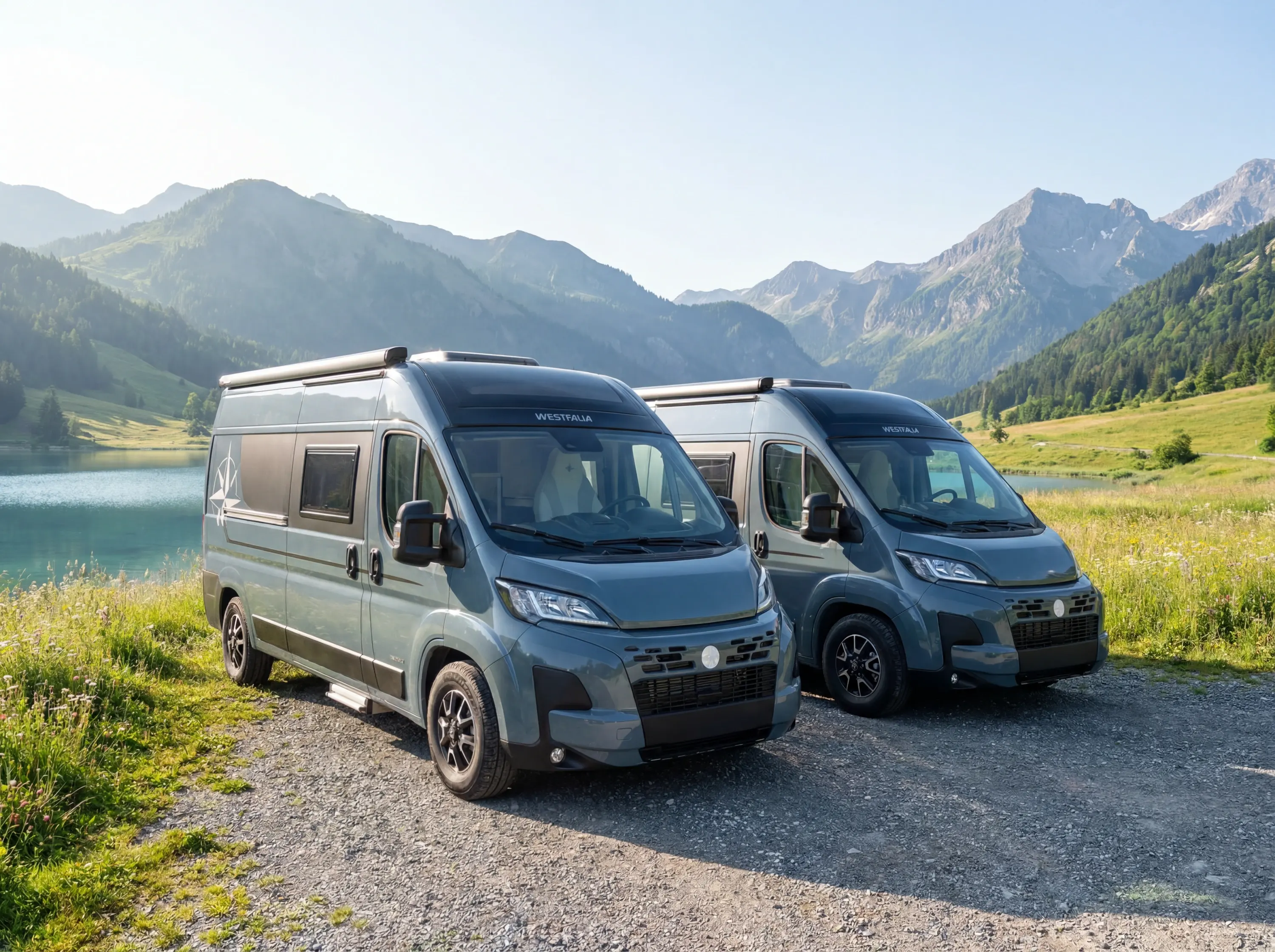 Two white Westfalia Nansen campervans parked on gravel beside an alpine lake with mountain backdrop.