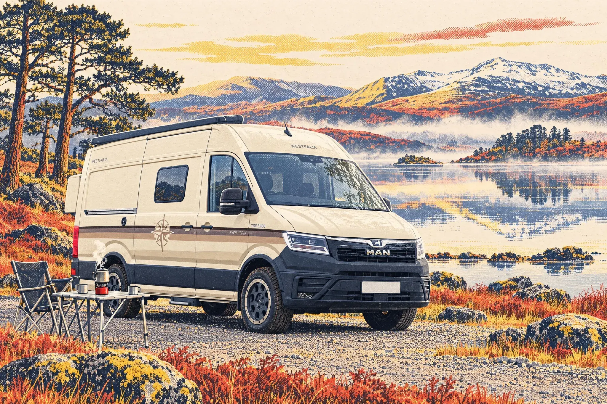 Illustration of a Westfalia Sven Hedin 50 Years Edition high-roof van parked beside misty Loch Tulla in the Scottish Highlands on an autumn morning.