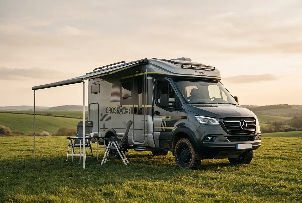 A large premium semi-integrated Hymer motorhome parked on a quiet rural UK pitch in golden evening light, with an awning out and chairs beside the door.