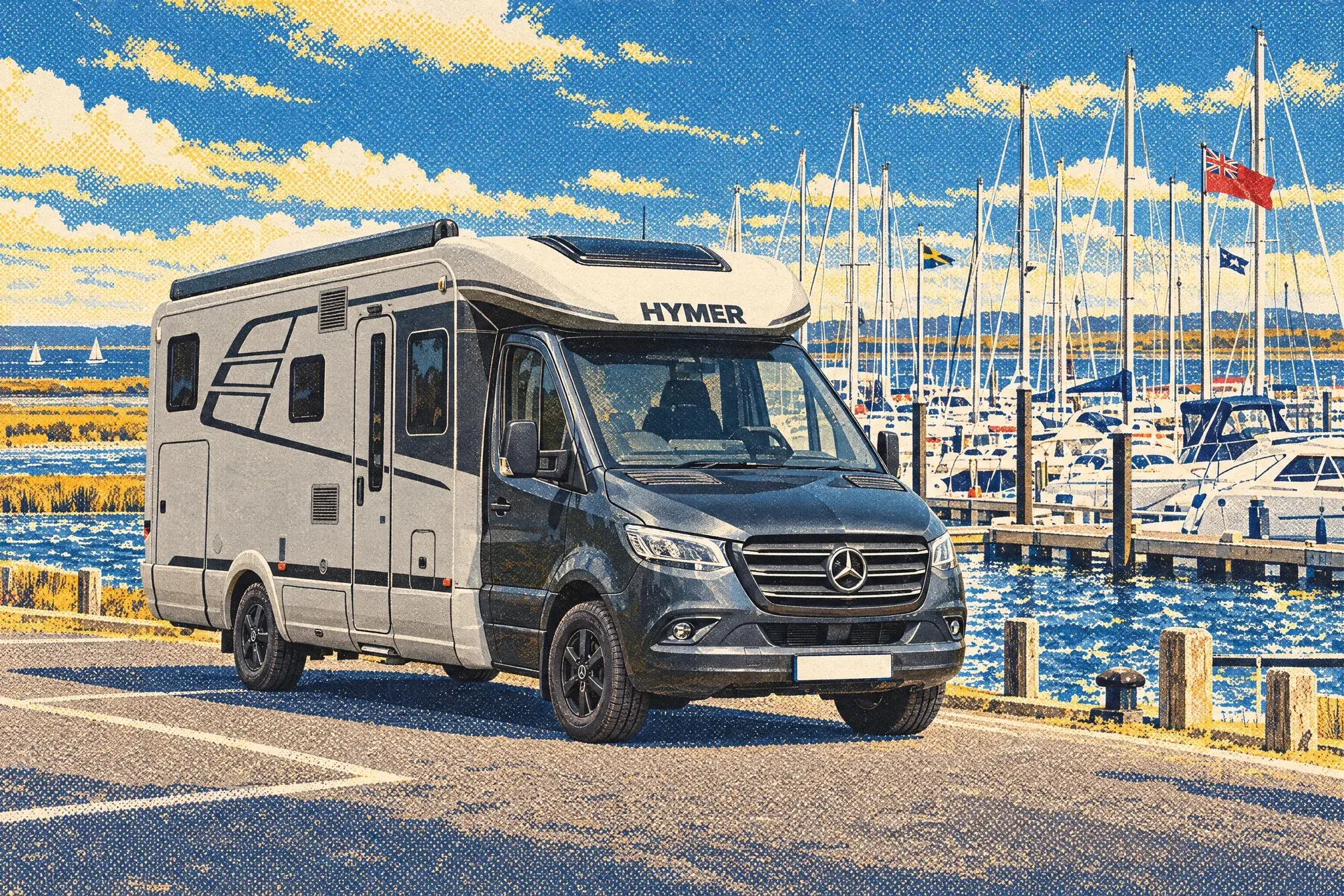 A Hymer B-Class MasterLine T semi-integrated motorhome on a Mercedes Sprinter base parked in a breezy Lymington marina car park, yacht masts and cruisers behind.