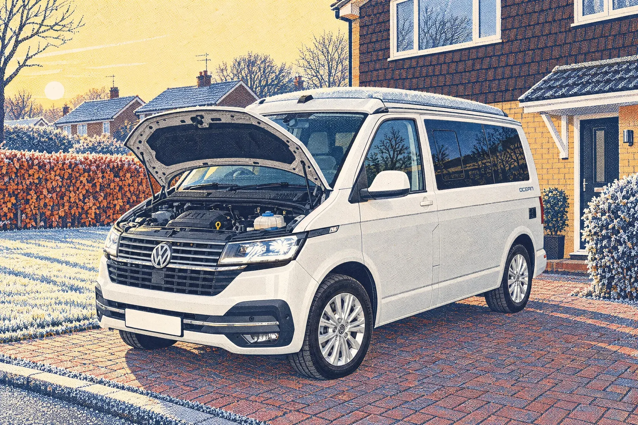 A VW California Ocean campervan with its bonnet open on a frosty block-paved driveway in front of a suburban semi-detached house on a clear January morning.