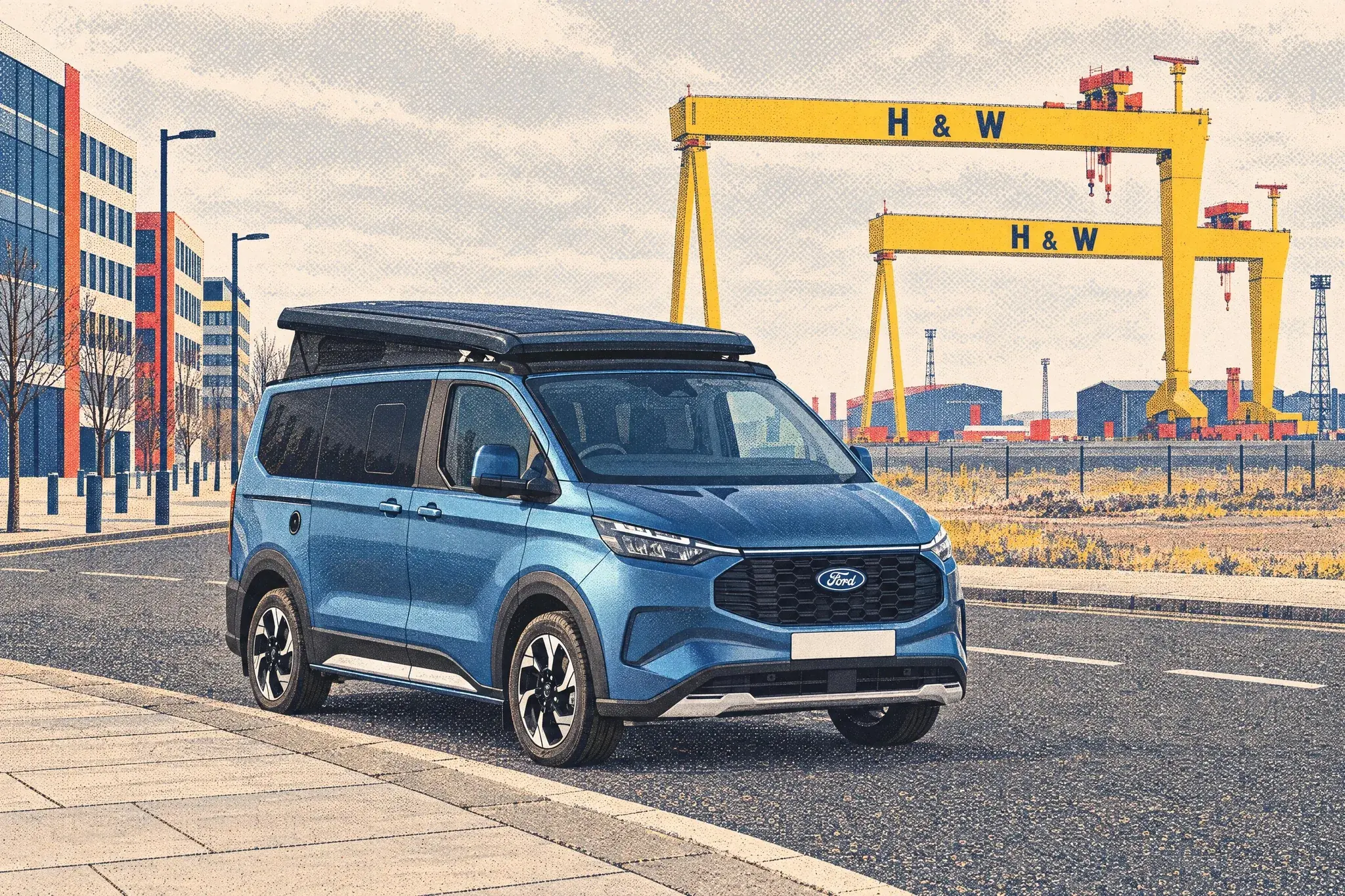 A new Ford Transit Custom Nugget pop-top camper parked alone at a kerb in Belfast's Titanic Quarter, the yellow Samson and Goliath cranes behind on a grey February morning.