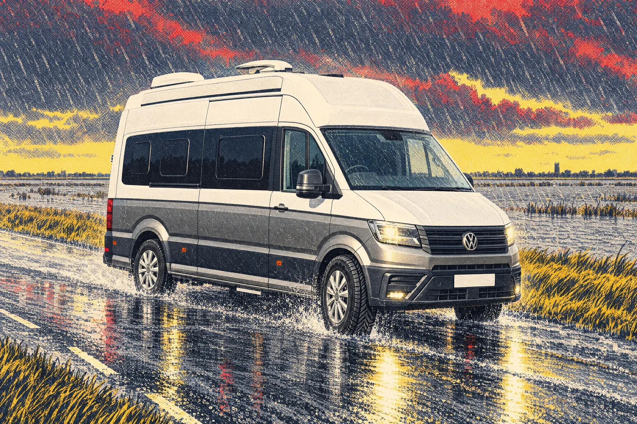 Illustration of a VW Grand California pulled over on a flooded fen causeway near Welney in driving rain, its all-season front tyre large in the foreground on streaming tarmac.