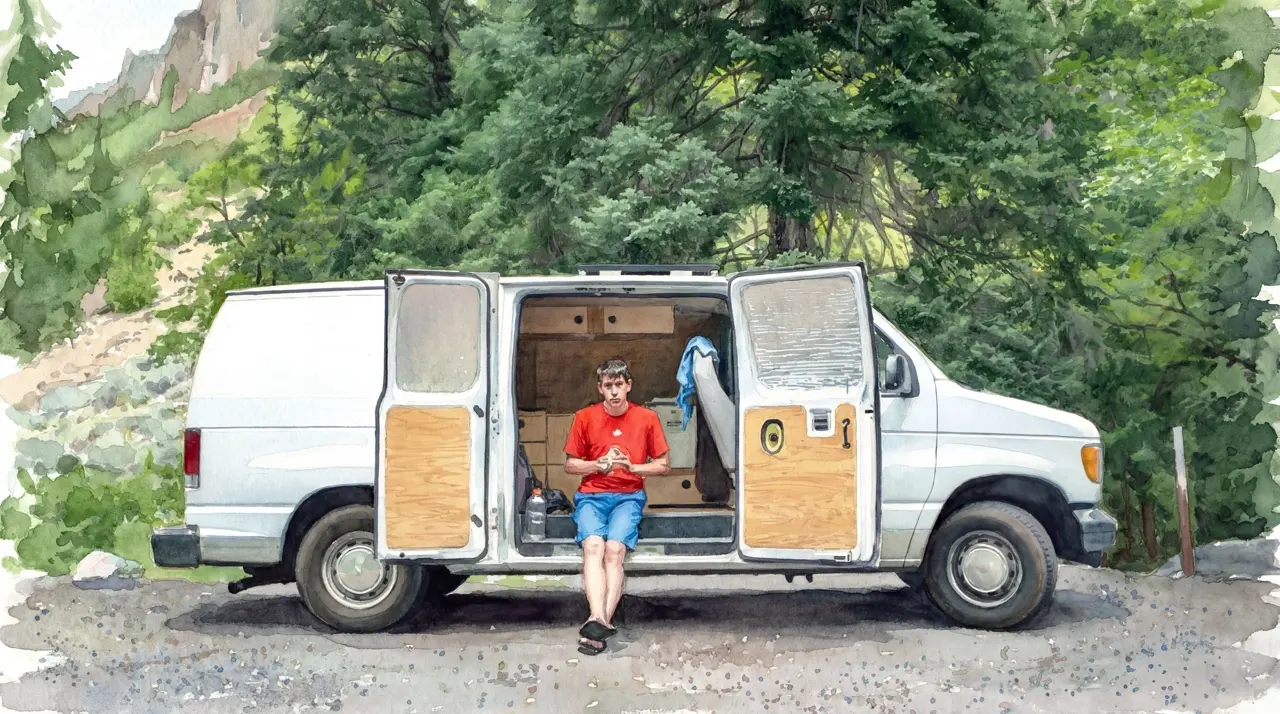 White van conversion with open side door, wooden interior panels, person sitting in doorway, forest background.