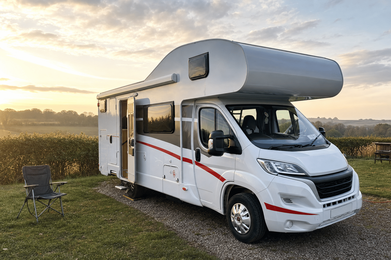 A white coachbuilt campervan parked on a grassy British campsite pitch in warm evening light, with its side door open and a folding chair beside it.
